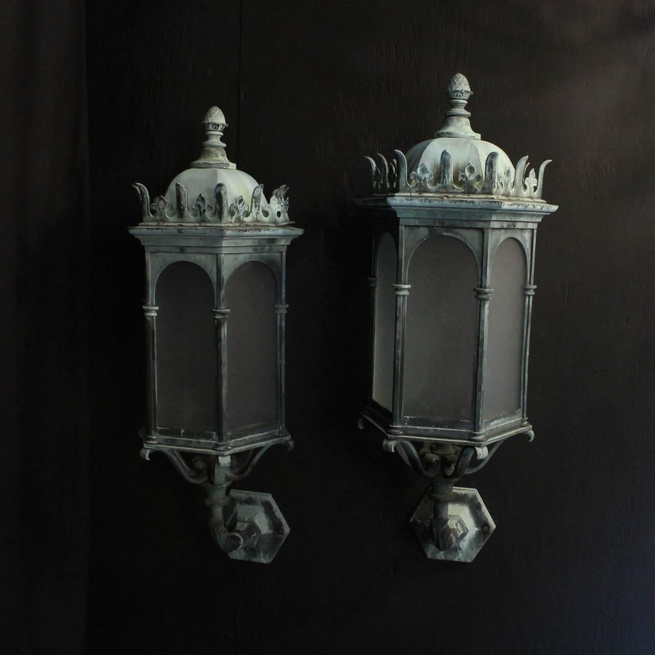English Pair of Gothic Bronze Antique Wall Lanterns 2