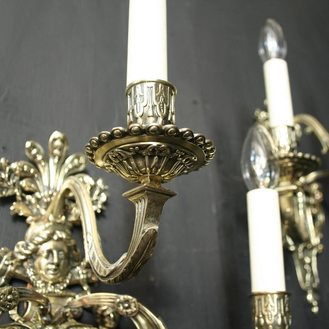 English Pair of Triple Arm Antique Wall Sconces 3