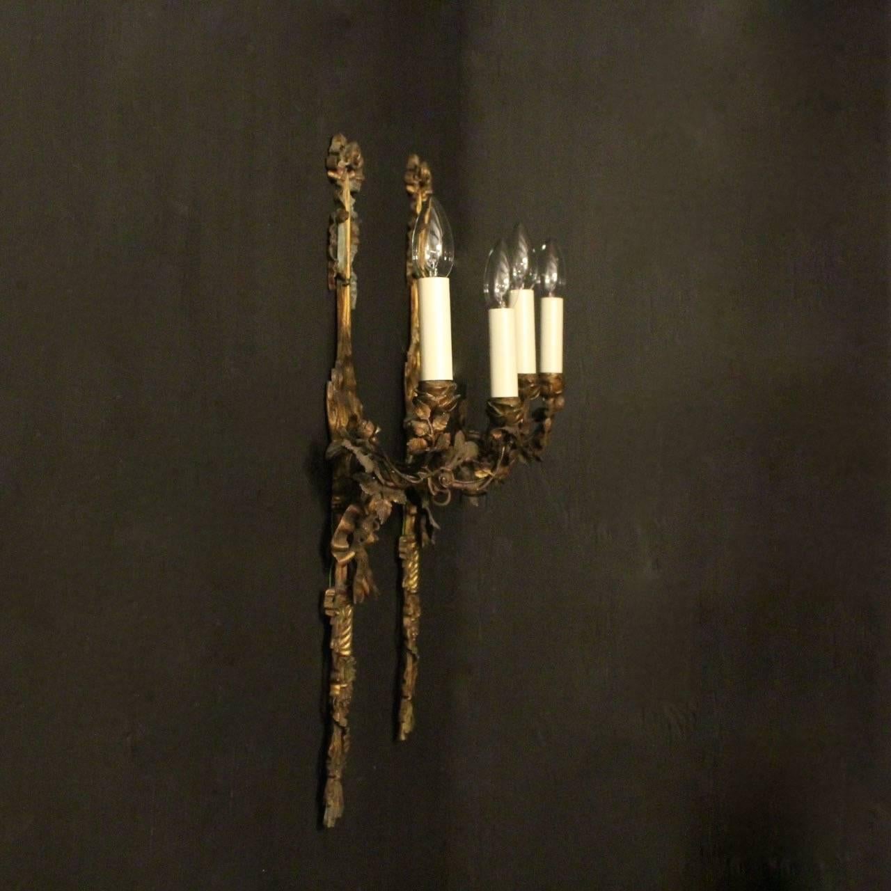 English Pair of Bronze Antique Wall Sconces 4