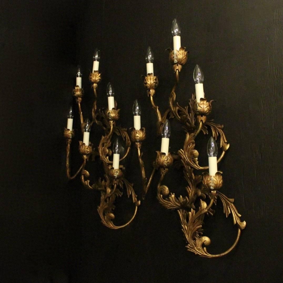 Florentine Large Pair of Gilded Six-Arm Leaf Wall Lights 2