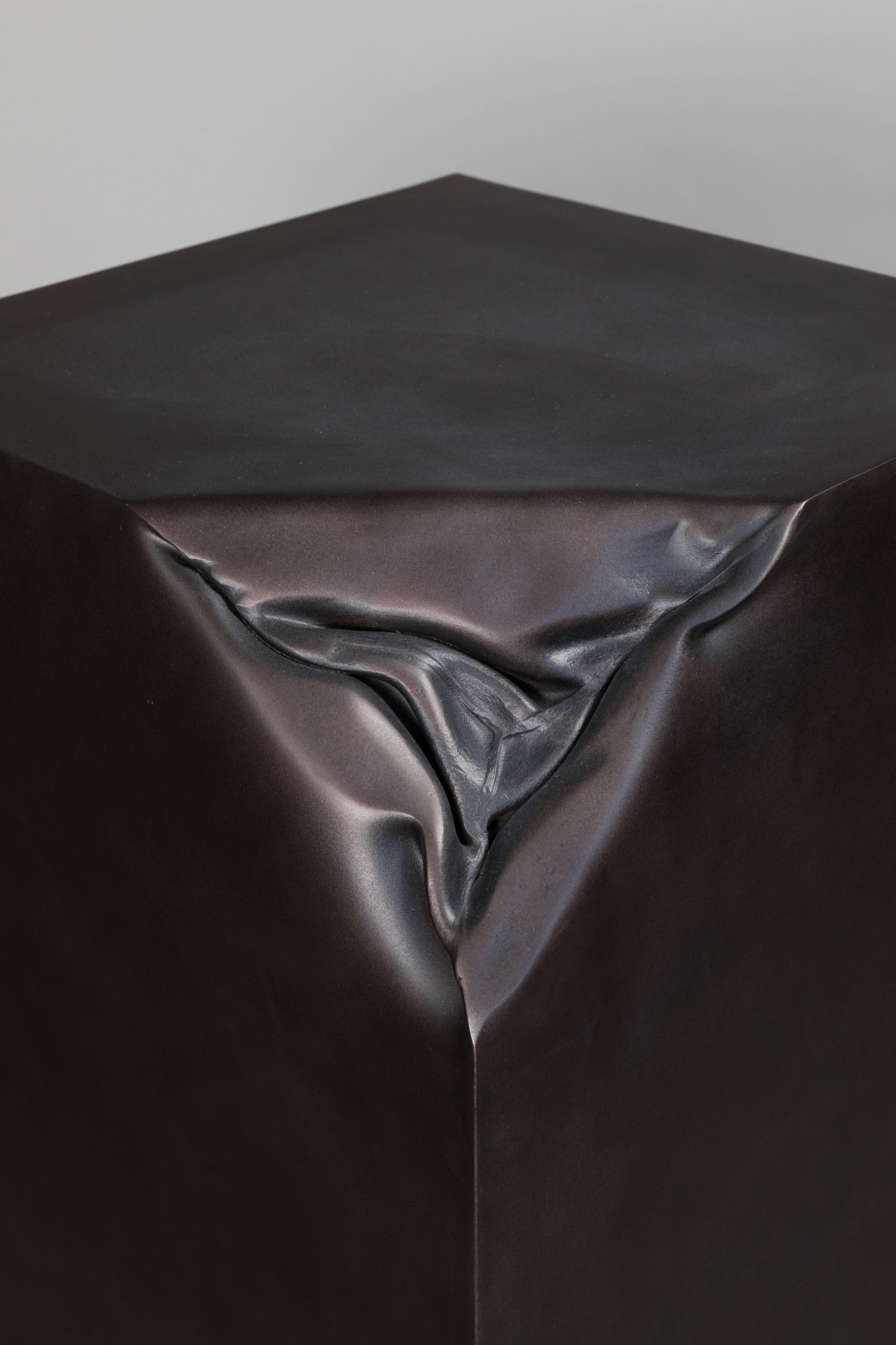 Precision crafted rectangle with crushed corner. Makes ideal conversation piece. Can act as a stand alone sculpture or lectern or pedestal. Welded fabrication and artfully “deconstructed.” A signature design. One of a kind.
Blackened patina spray