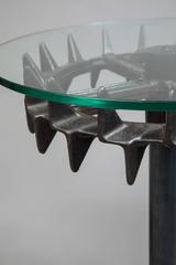 Pareja de Mesas Bistro Antiguas Industriales de Metal y Cristal con Ruedas de Tractor