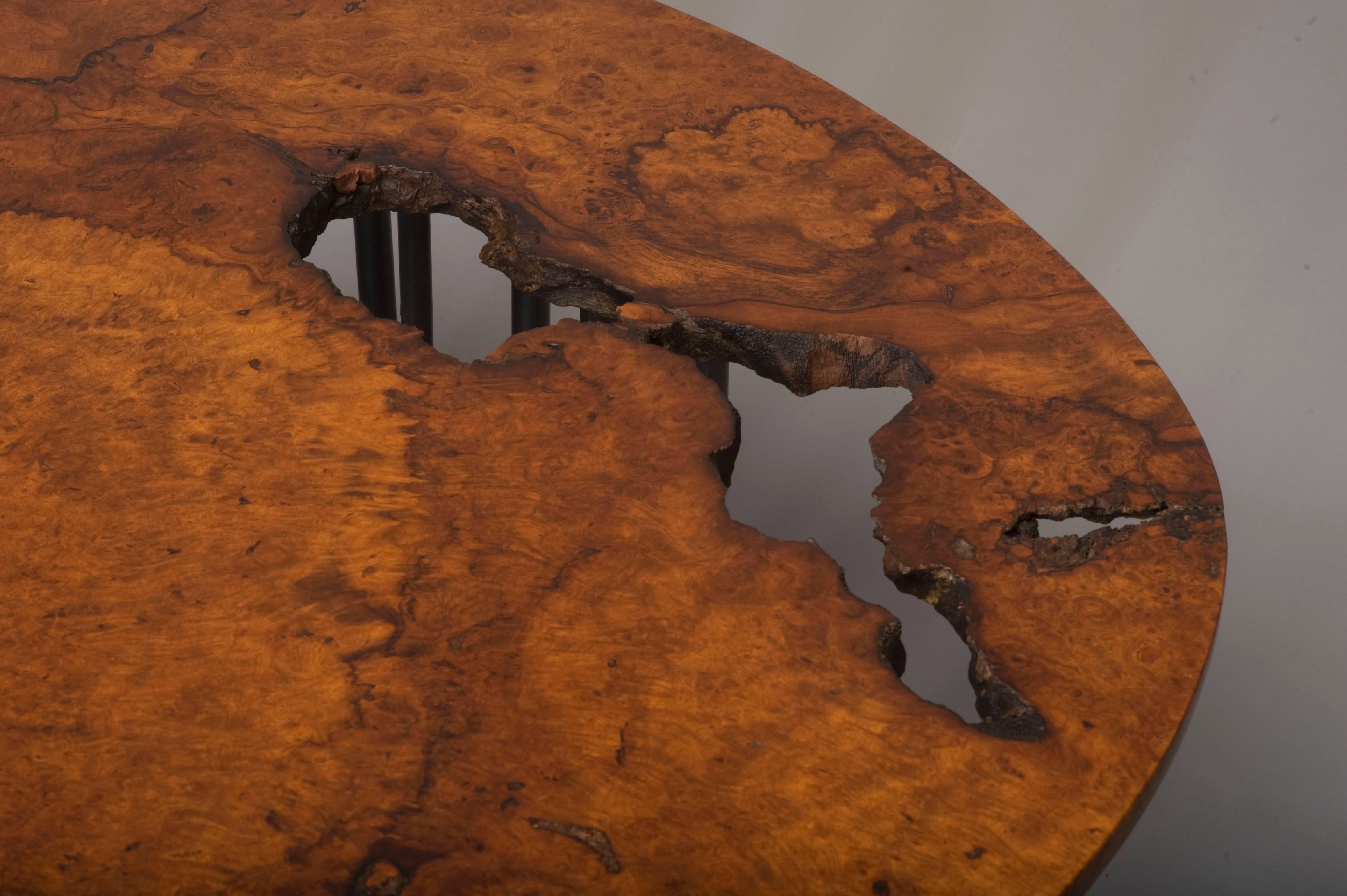 Organic Modern Burl Wood And Steel Hand Crafted One Of A Kind Sculptural Coffee Table For Sale