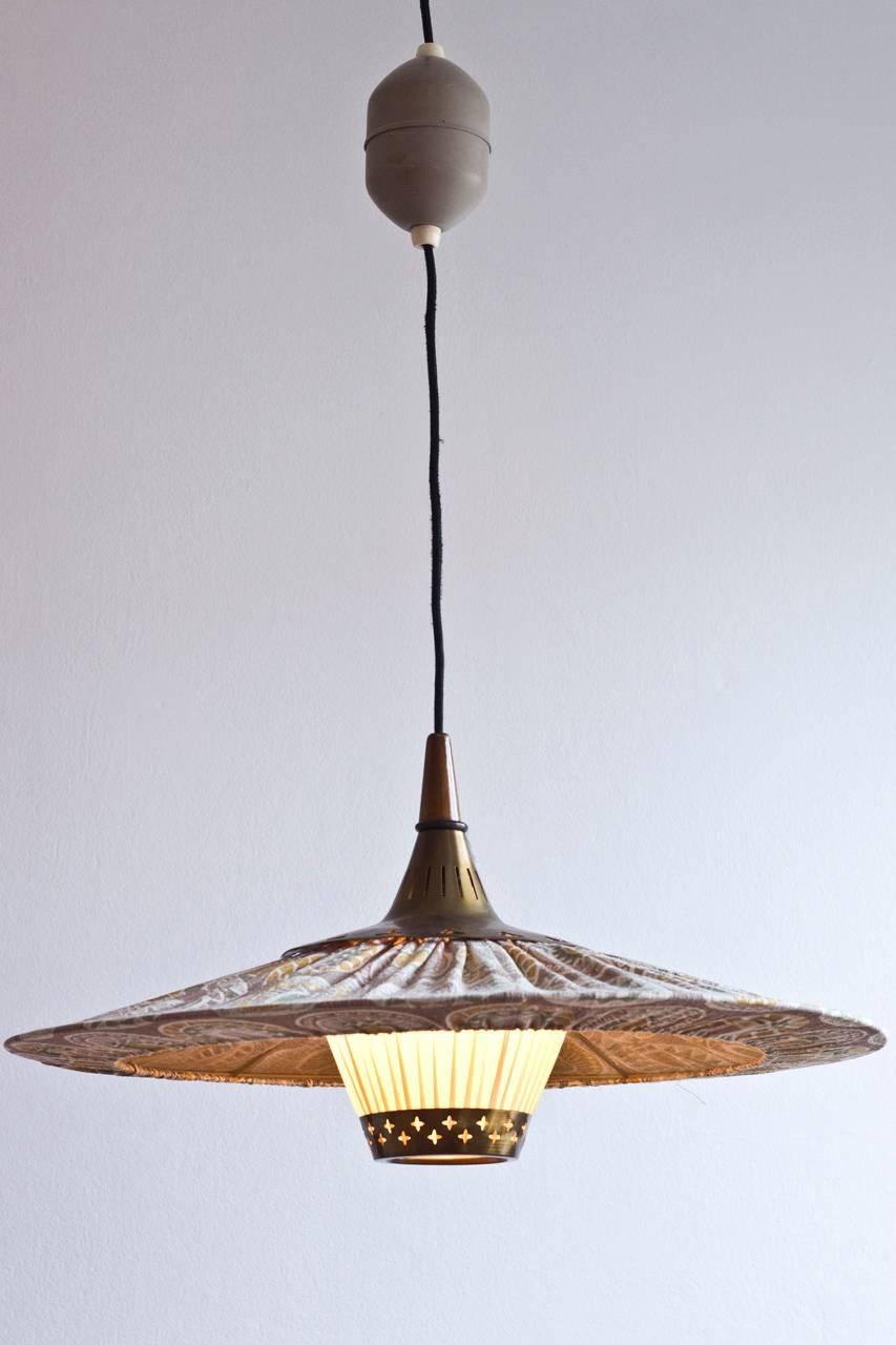 Ceiling light in solid brass, stained birch and grey lacquered metall. Original fabric shade and silk diffuser in very good condition. Most likely designed by Hans Bergstrom, founder of Ateljé Lyktan. Produced by Einar Backstrom in Sweden.