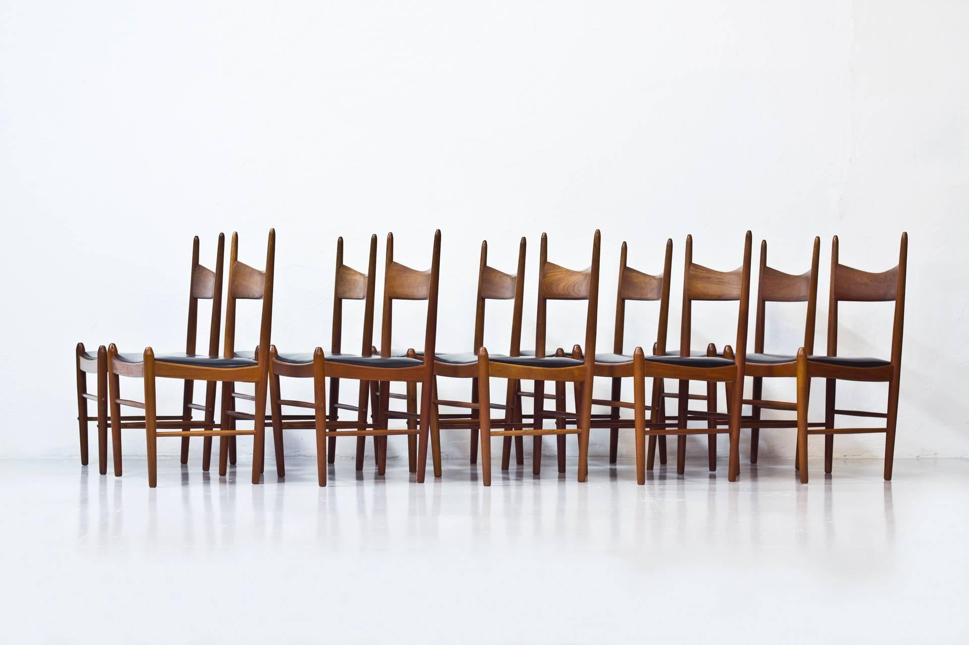 Rare set of ten chairs designed by Illum Wikkelsø. Produced in Denmark by Vestervig Eriksen and Brøderna Tromborg Møbelfabrik during the 1950s. Solid teak frame with black leather seats. Excellent vintage condition, with very few signs of wear and