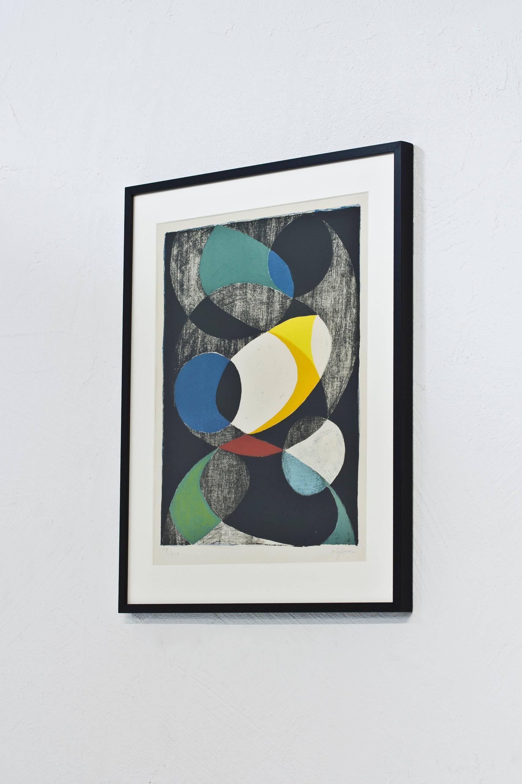 1950s lithograph by Swedish painter and sculptor Pierre Olofsson. Multichrome composition in Olofsson signature style. Signed in pen with name and numbered 142/260. Very good condition, newly framed.



Pierre Olofsson was part of the art