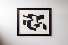Geometric constructive oil painting by Werner Jansson 1958, Yakisugi ban frame
