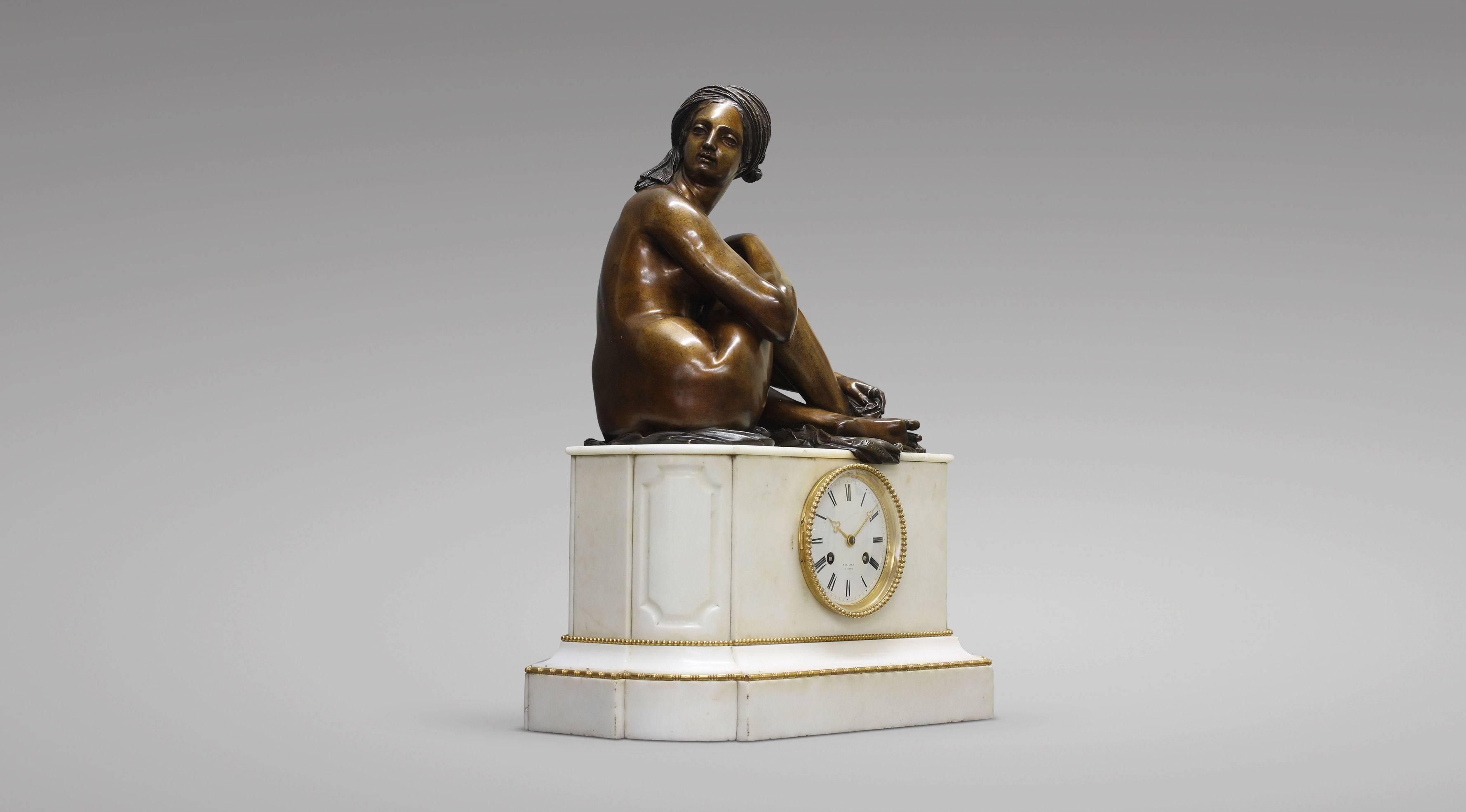 French White Marble Clock with a Bronze Statue of an 