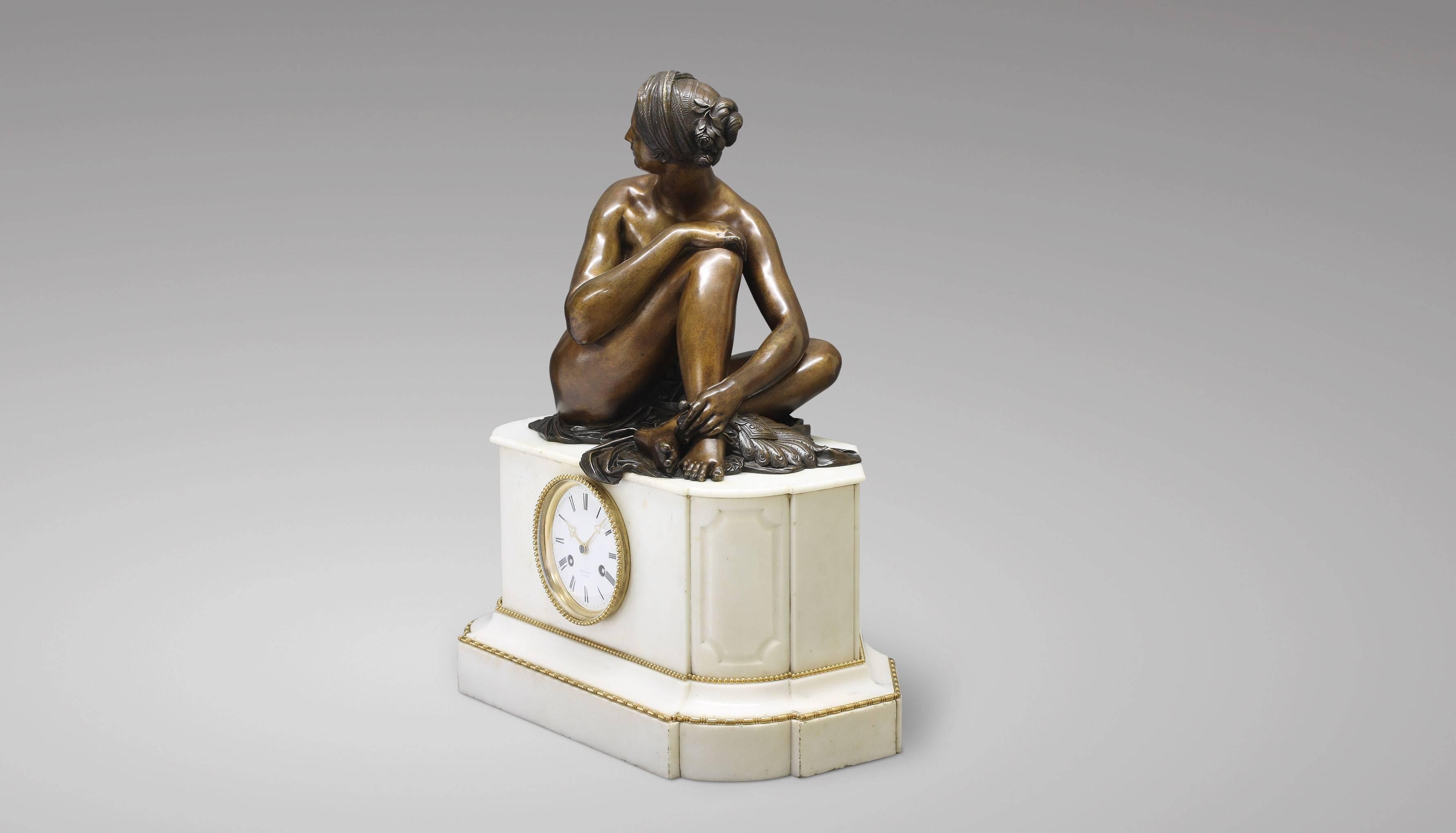Napoleon III White Marble Clock with a Bronze Statue of an 