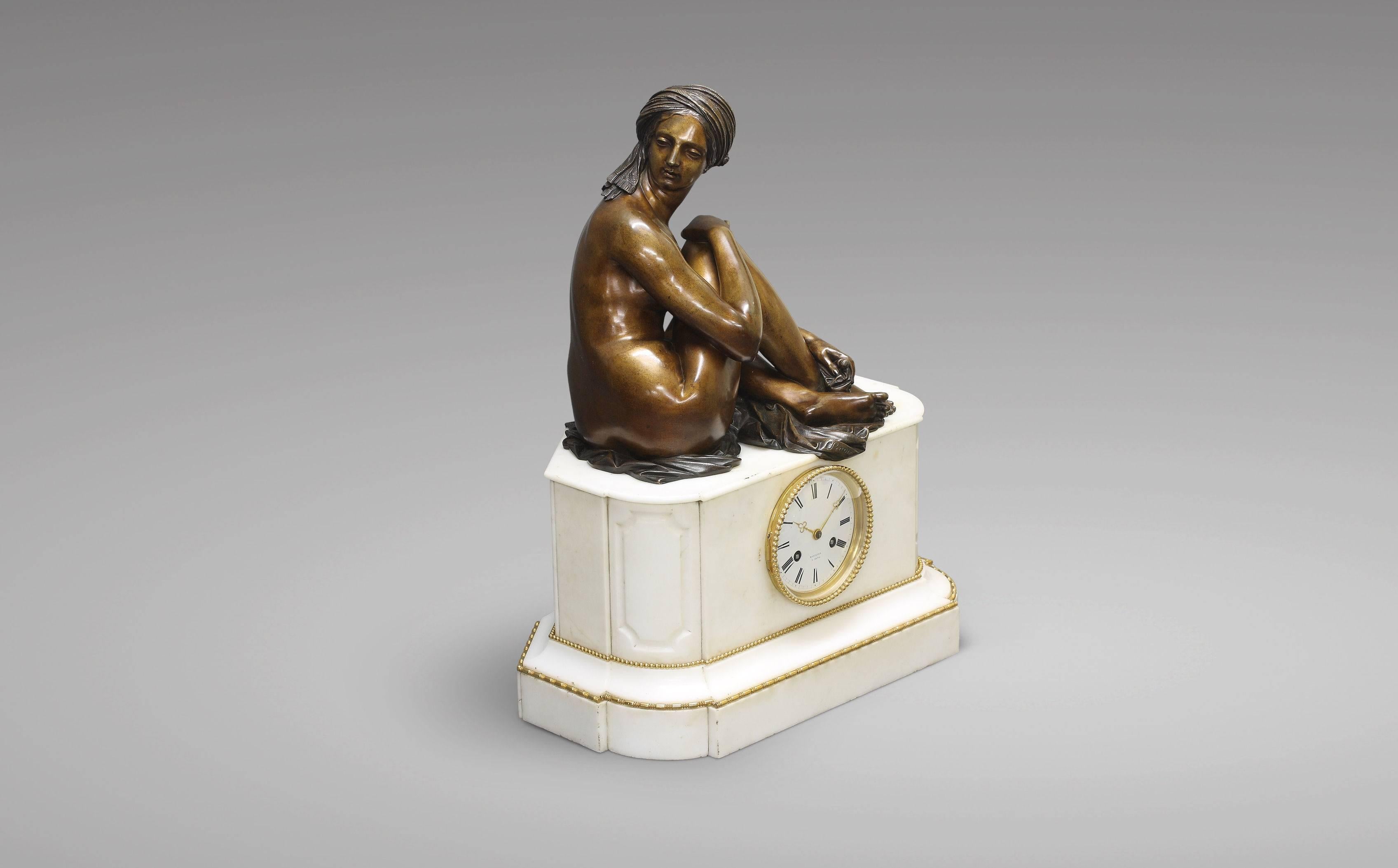 White Marble Clock with a Bronze Statue of an 