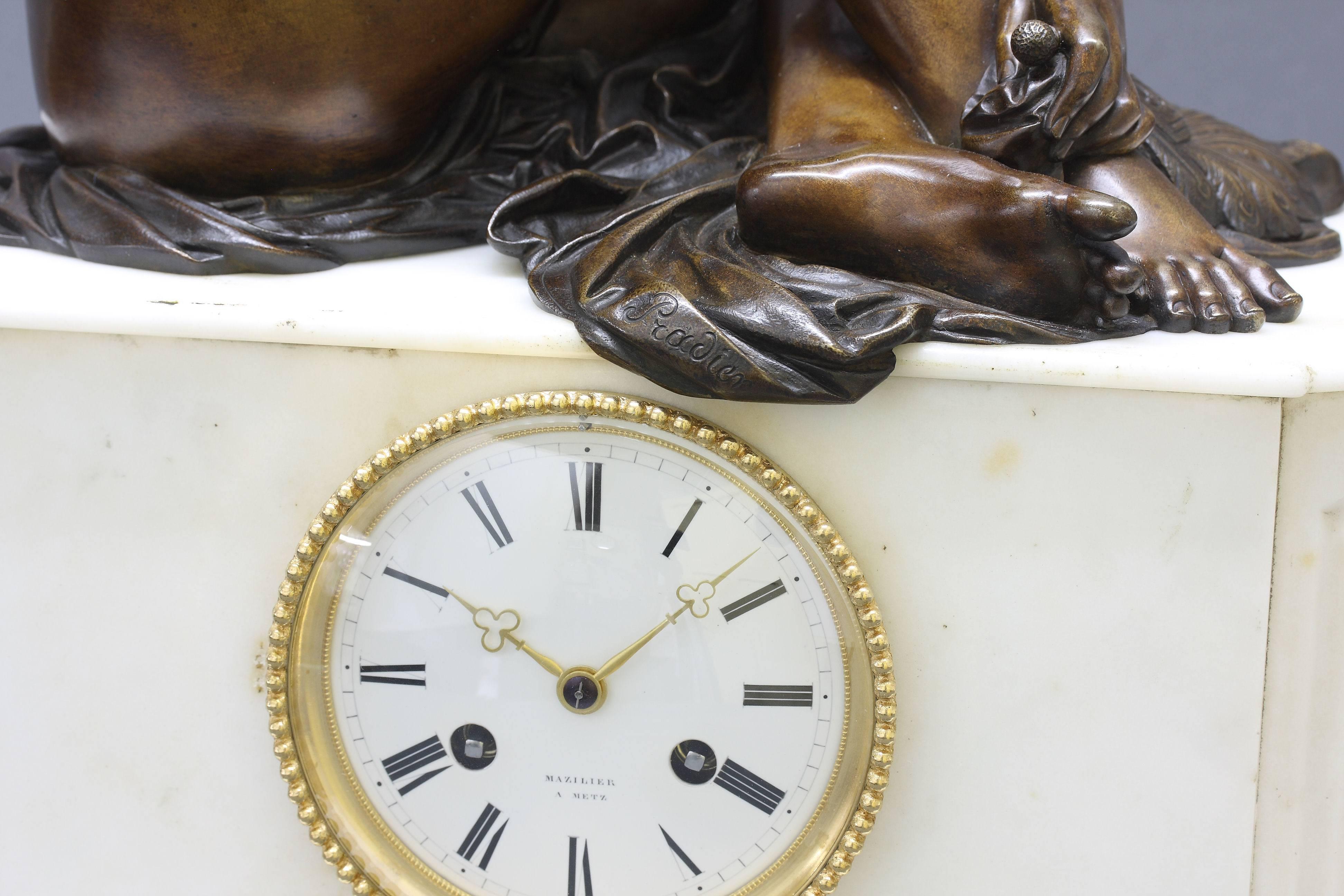 White Marble Clock with a Bronze Statue of an 
