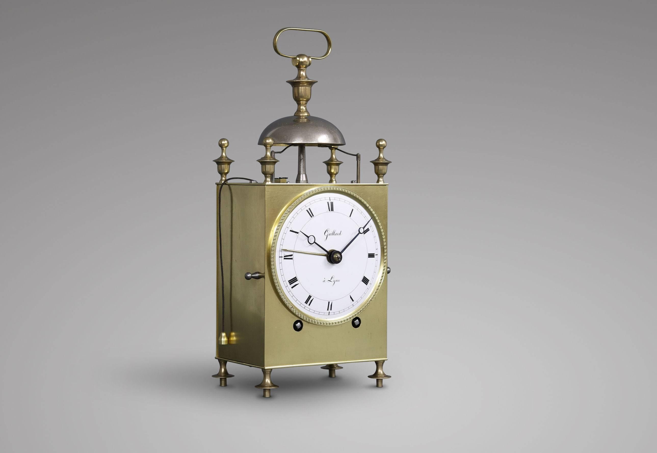 Early 19th century French Capucine, enamel dial with Roman numerals and signature Gaillard à Lyon. Double rack strike on the hour and two minutes past the hour, single half-hourly strike on a sivered bell. Alarm set by a third hand on the dial.