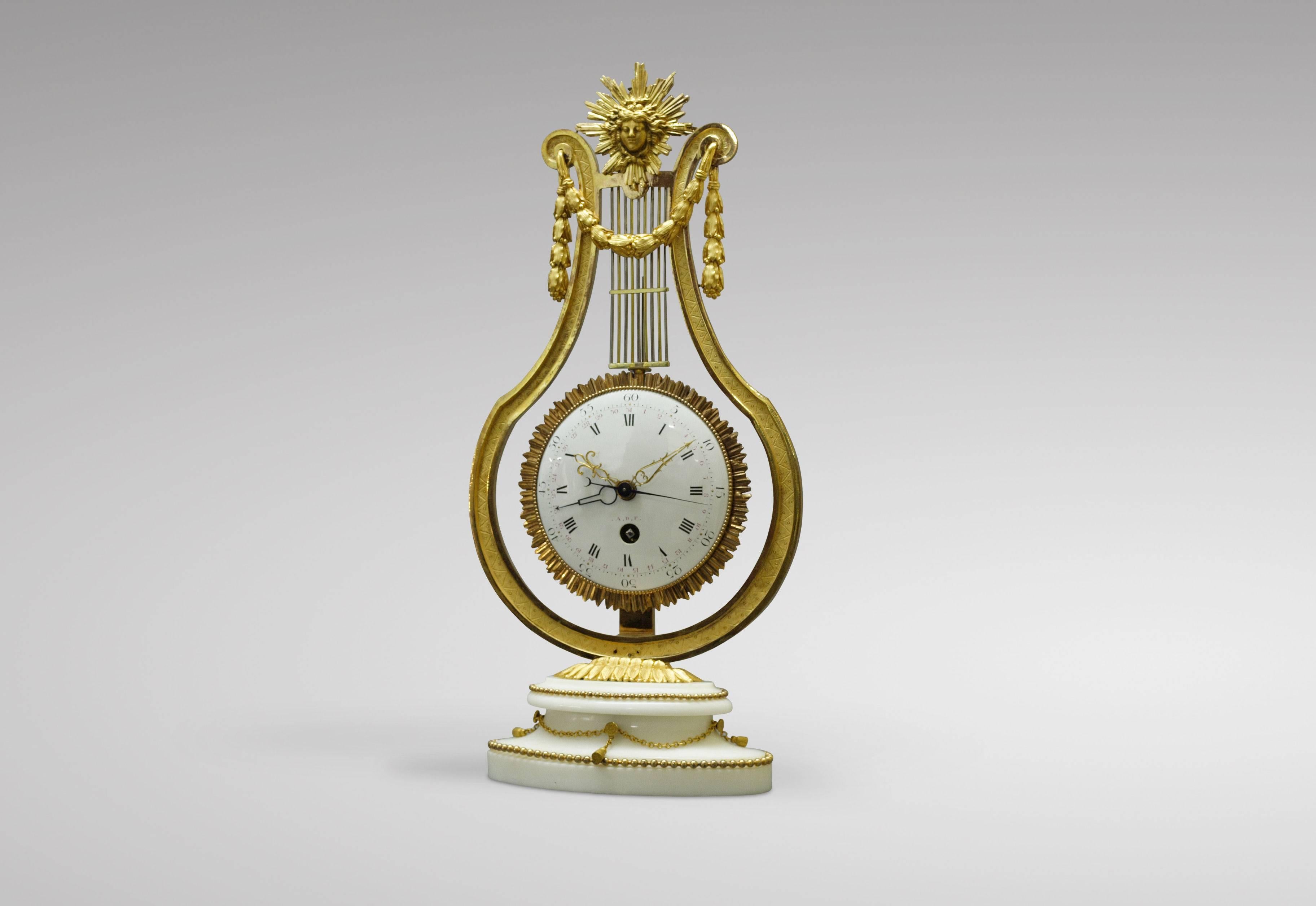 French Louis XVI ormulu and marble mantel timepiece, enamel dial with Roman numerals signed. A.D.F. further calibration for half seconds and date, pierced and engraved gilt hands, blued sweep seconds and date pointer, movement with pinwheel