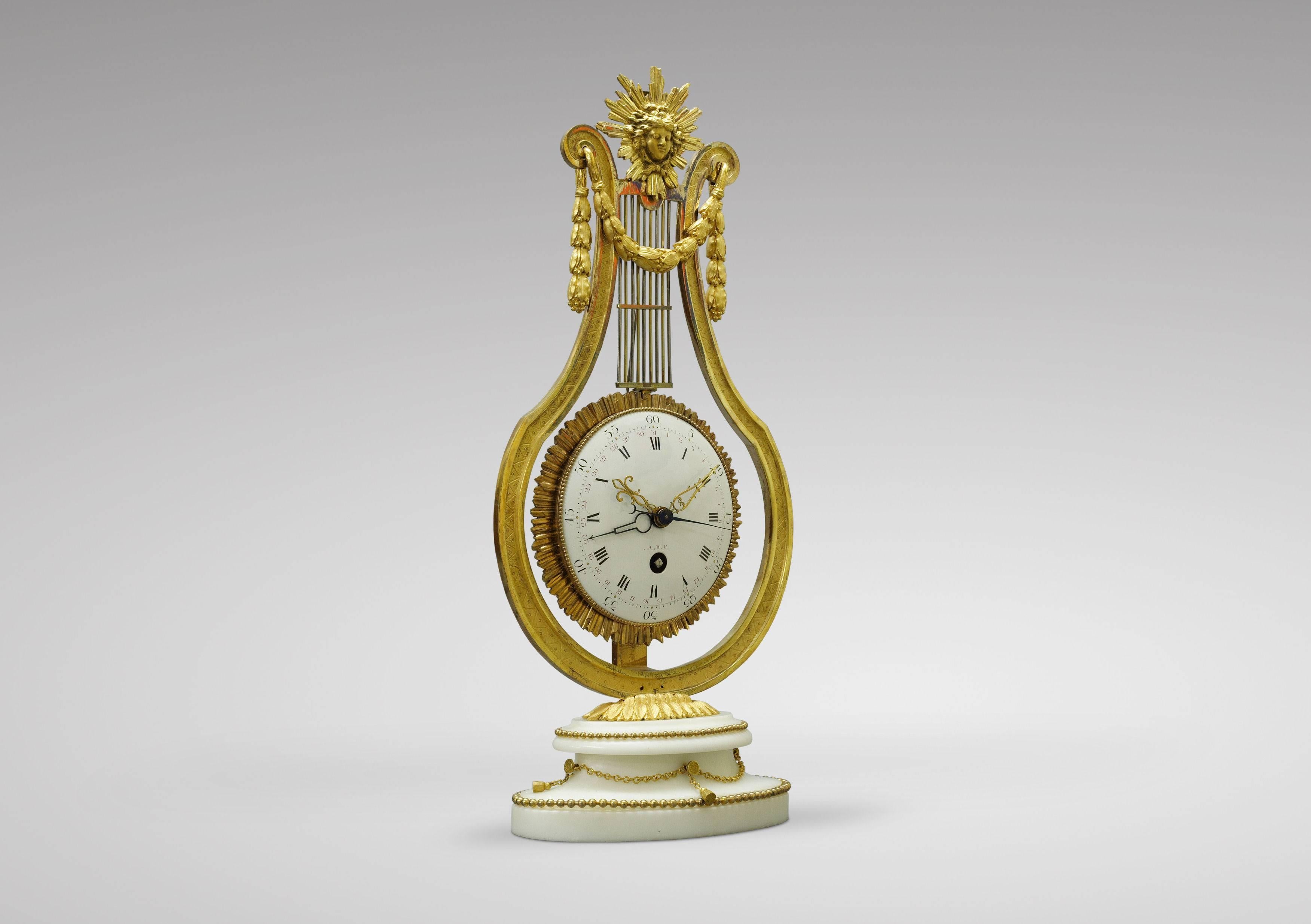 Louis XVI 18th Century French Swinging Lyre Skeleton Clock For Sale