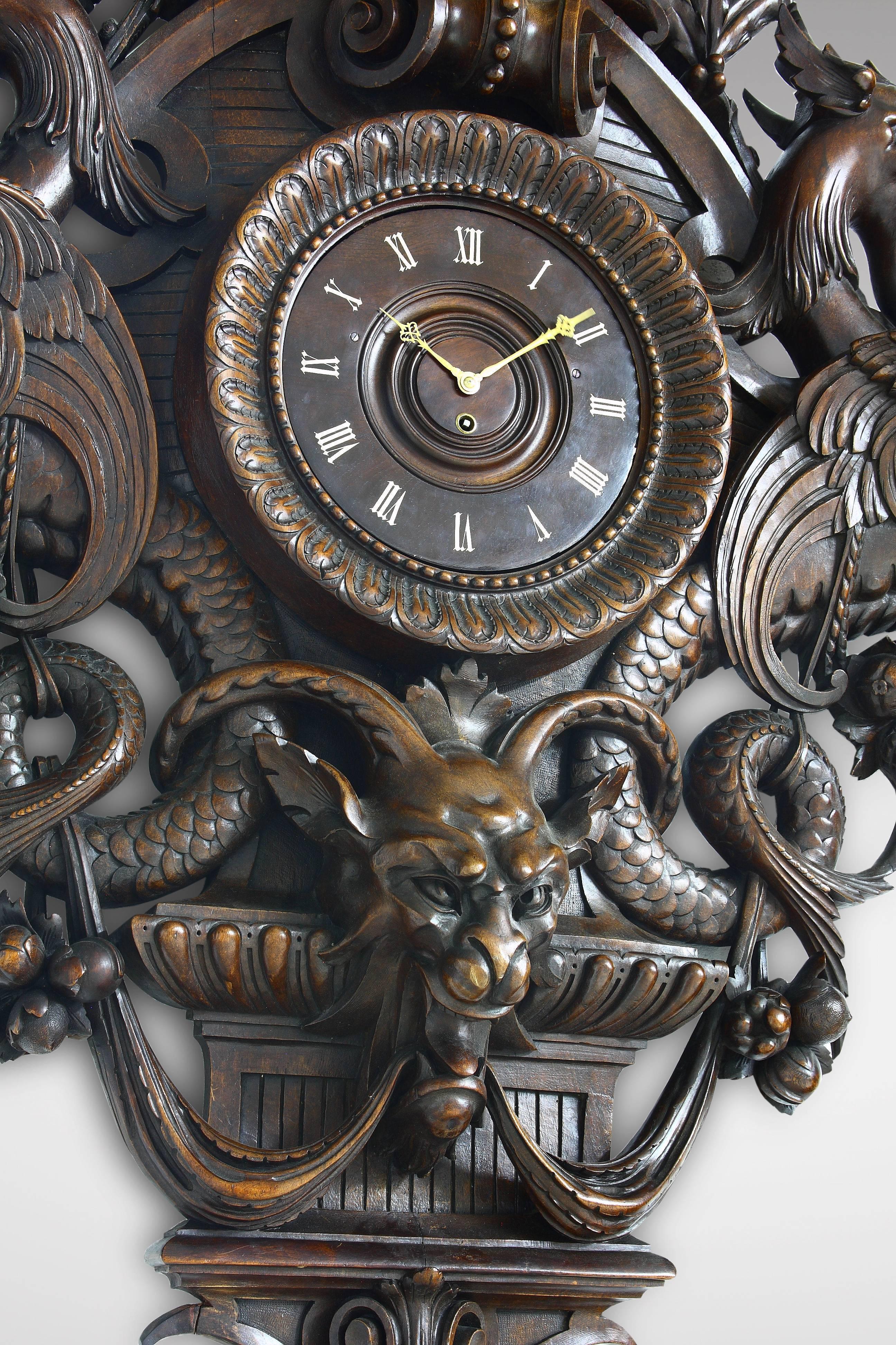 French Very Large and Exceptional Carved Walnut Wall Clock with Imaginary Monsters For Sale