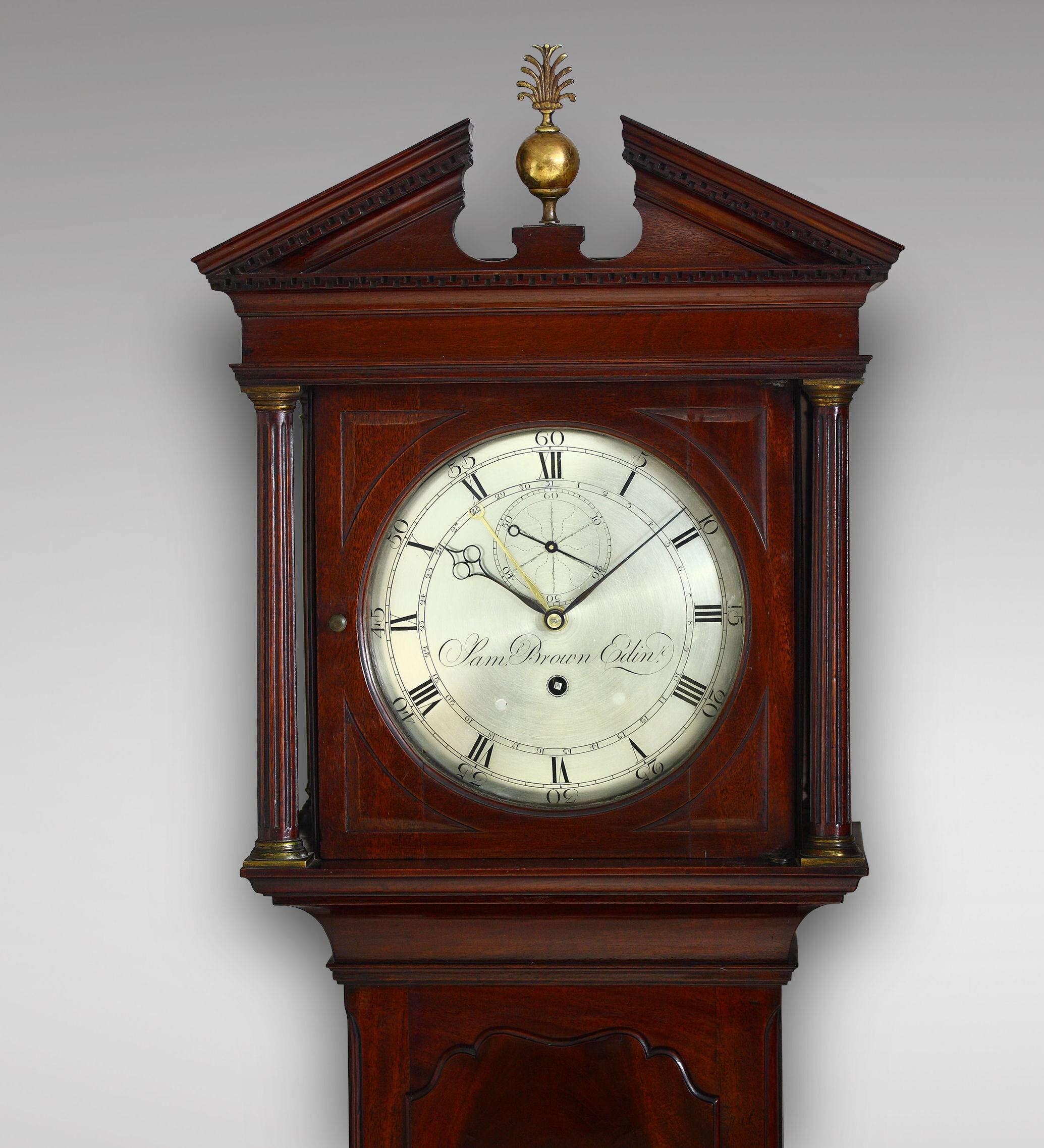 Scottish floor standing regulator of small size, circa 1780, circular silvered brass dial with Arabic numerals for the five minutes and Roman numerals for the hours, an inner circle marking the days of the month also with Arabic numerals. Blued
