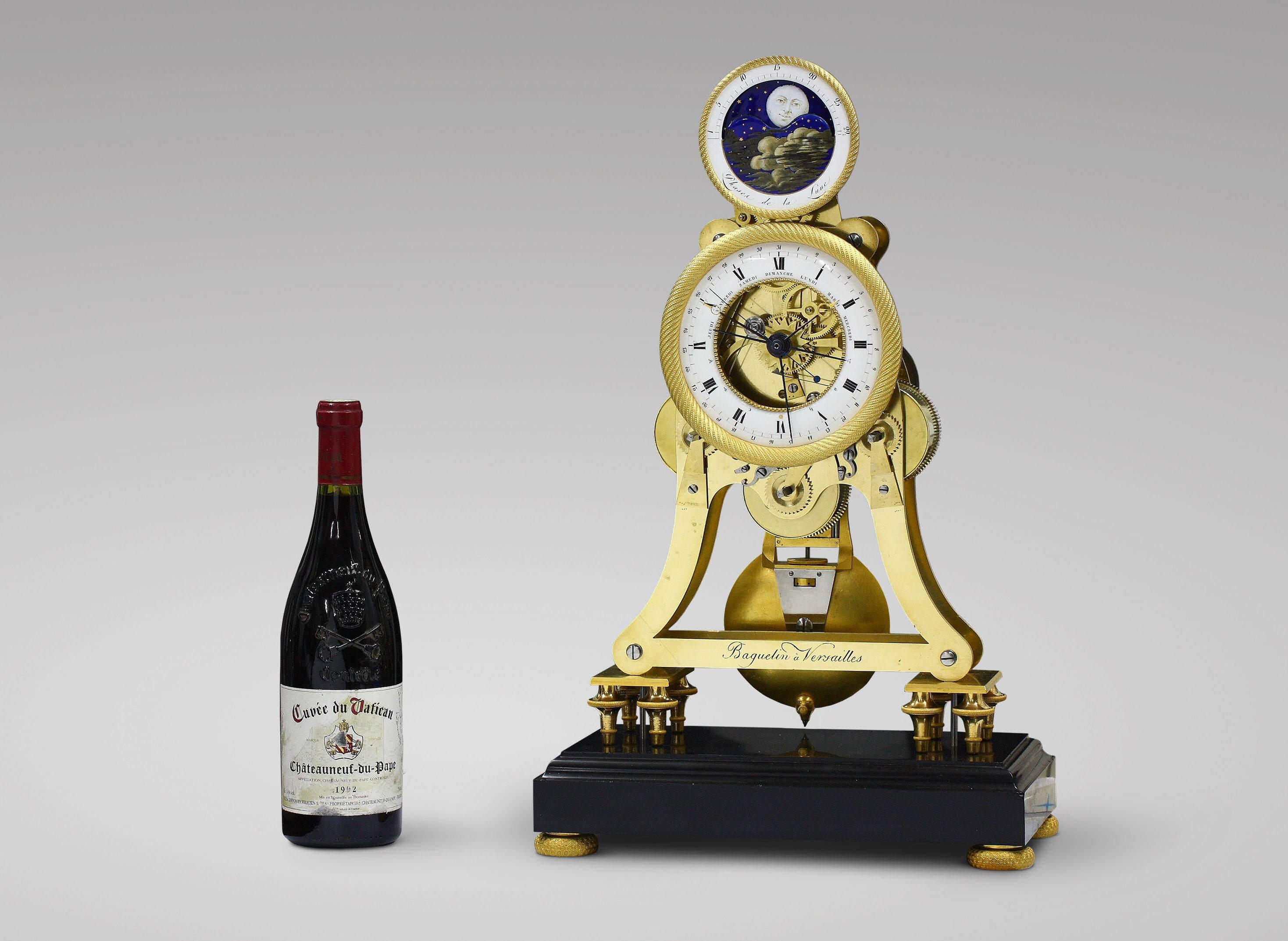 Empire-period astronomical skeleton clock with quarter strike on three bells, signed Baguellin à Versailles, circa 1810. Large, tall and sturdy movement of triangular shape, with three trains, for the time, the hourly strike on the lower tone bell