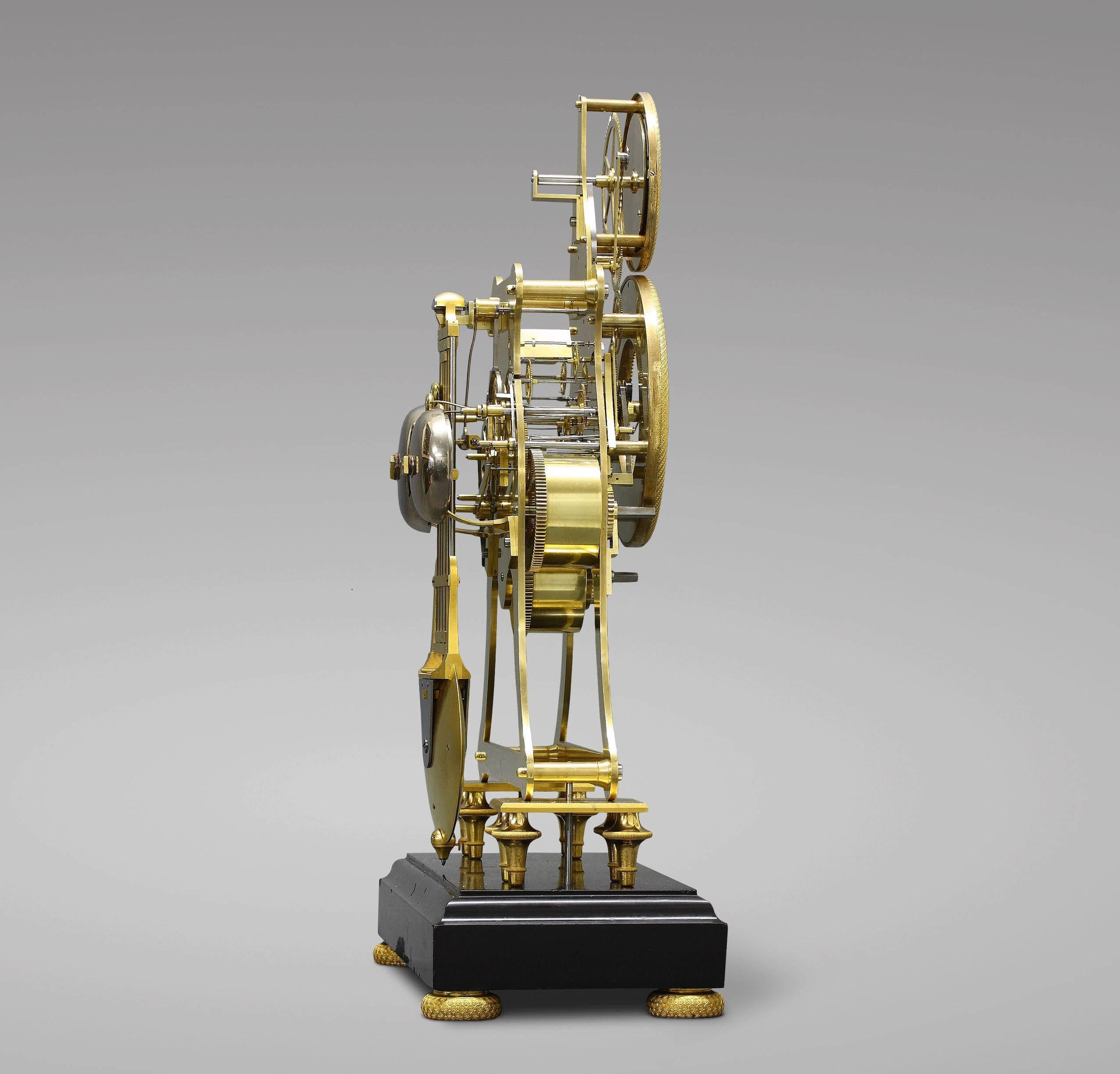 Early 19th Century Empire-Period Astronomical Skeleton Clock with Quarter-Strike on Three Bells For Sale