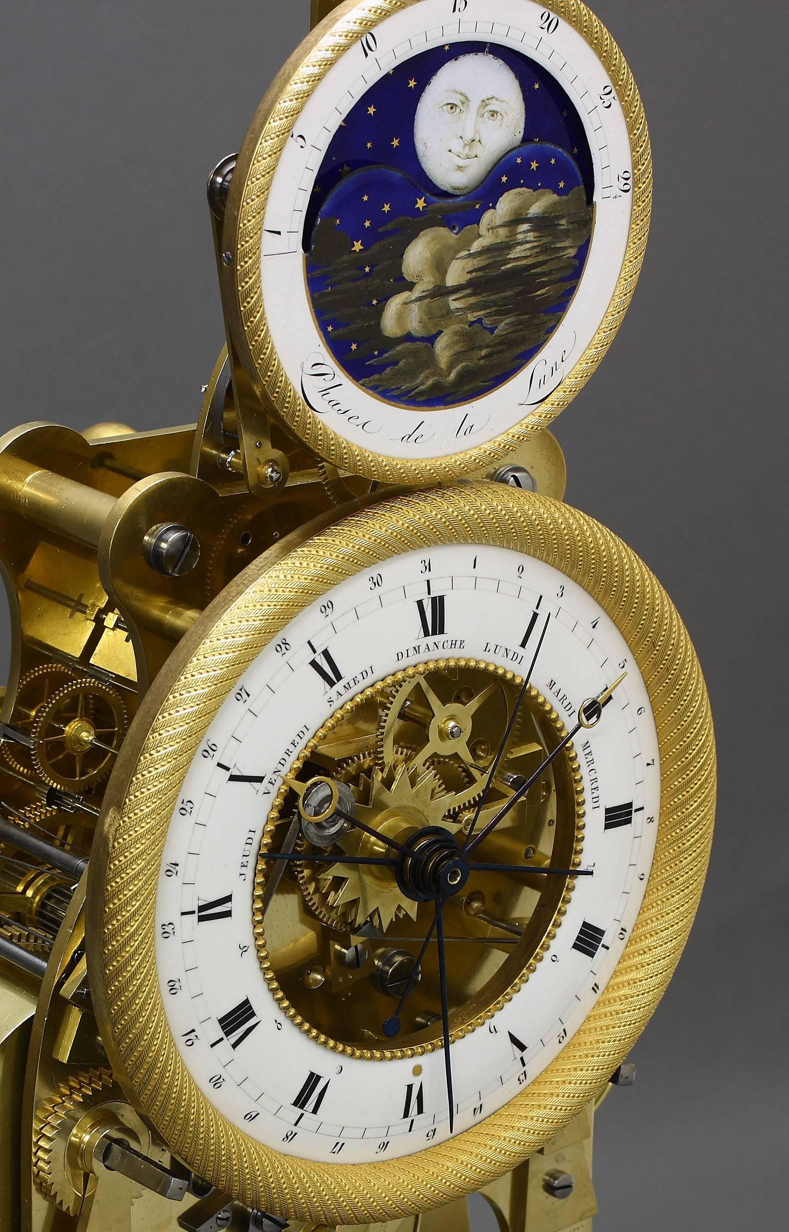 Brass Empire-Period Astronomical Skeleton Clock with Quarter-Strike on Three Bells For Sale