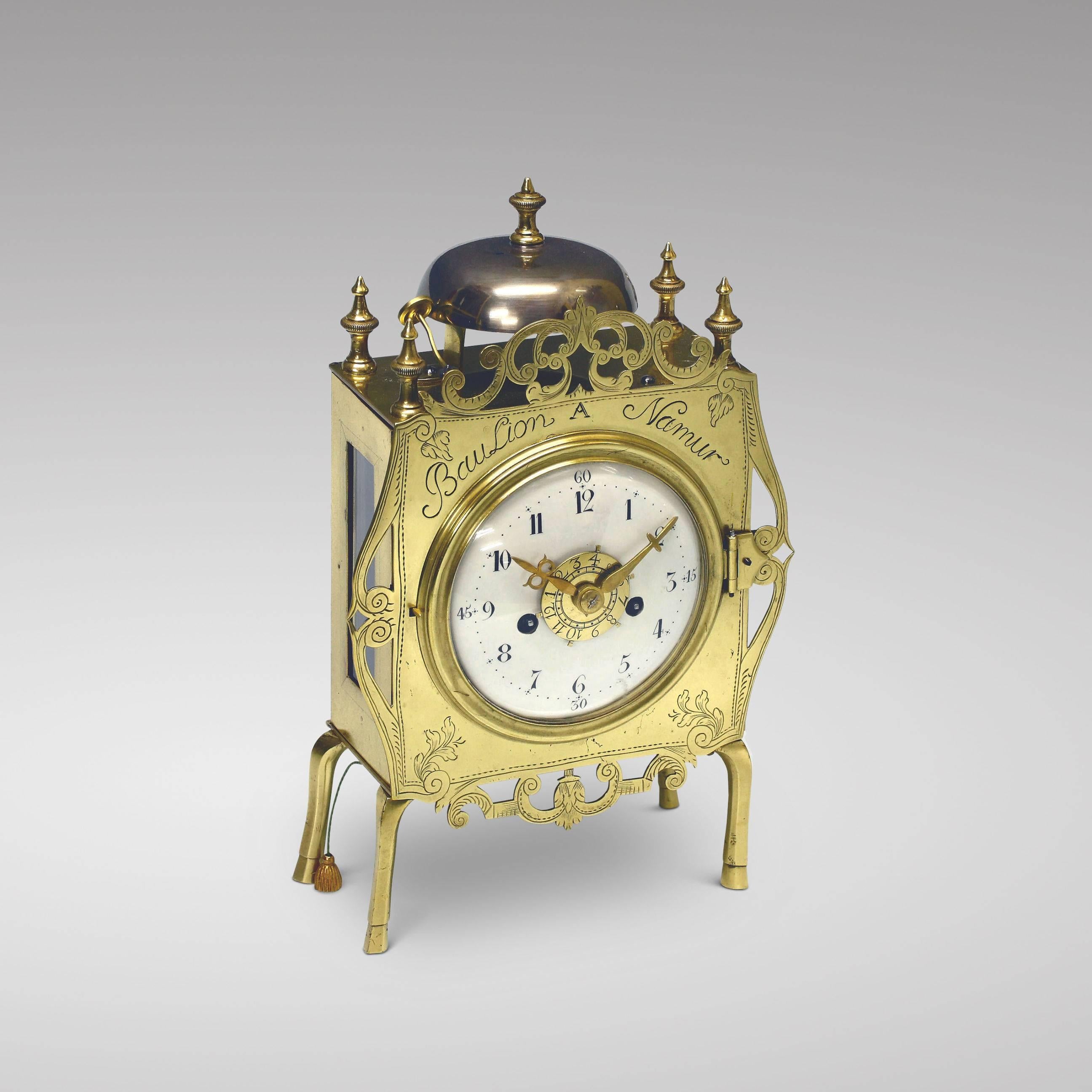 Engraved 18th Century Brass Portable Table Clock For Sale