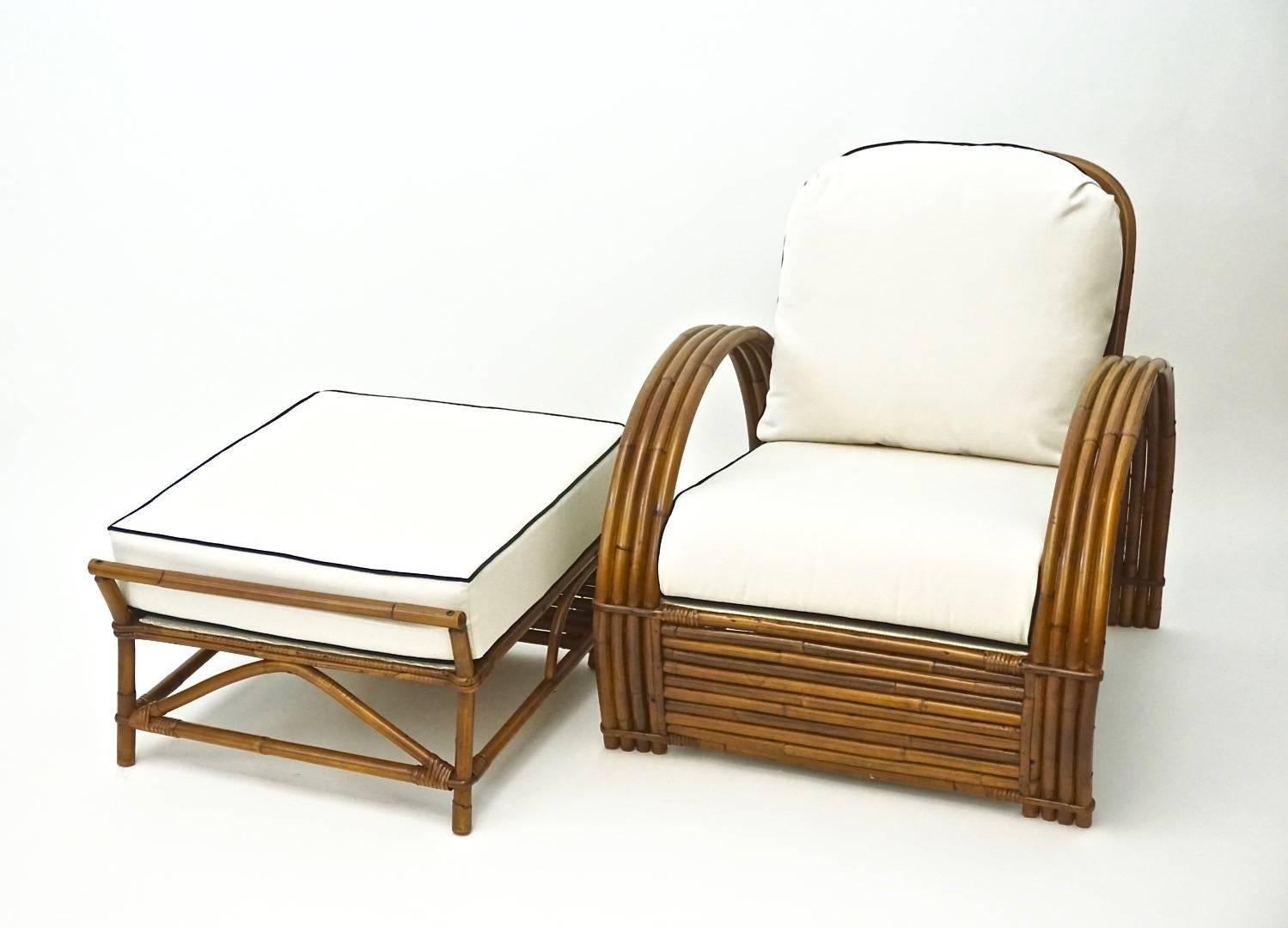 American Classical Rattan Lounge Chairs (Pair) with Ottoman