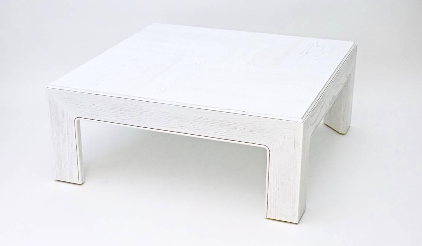 Henredon parsons coffee table. Square. Oak graining shows through newly white-painted finish.
