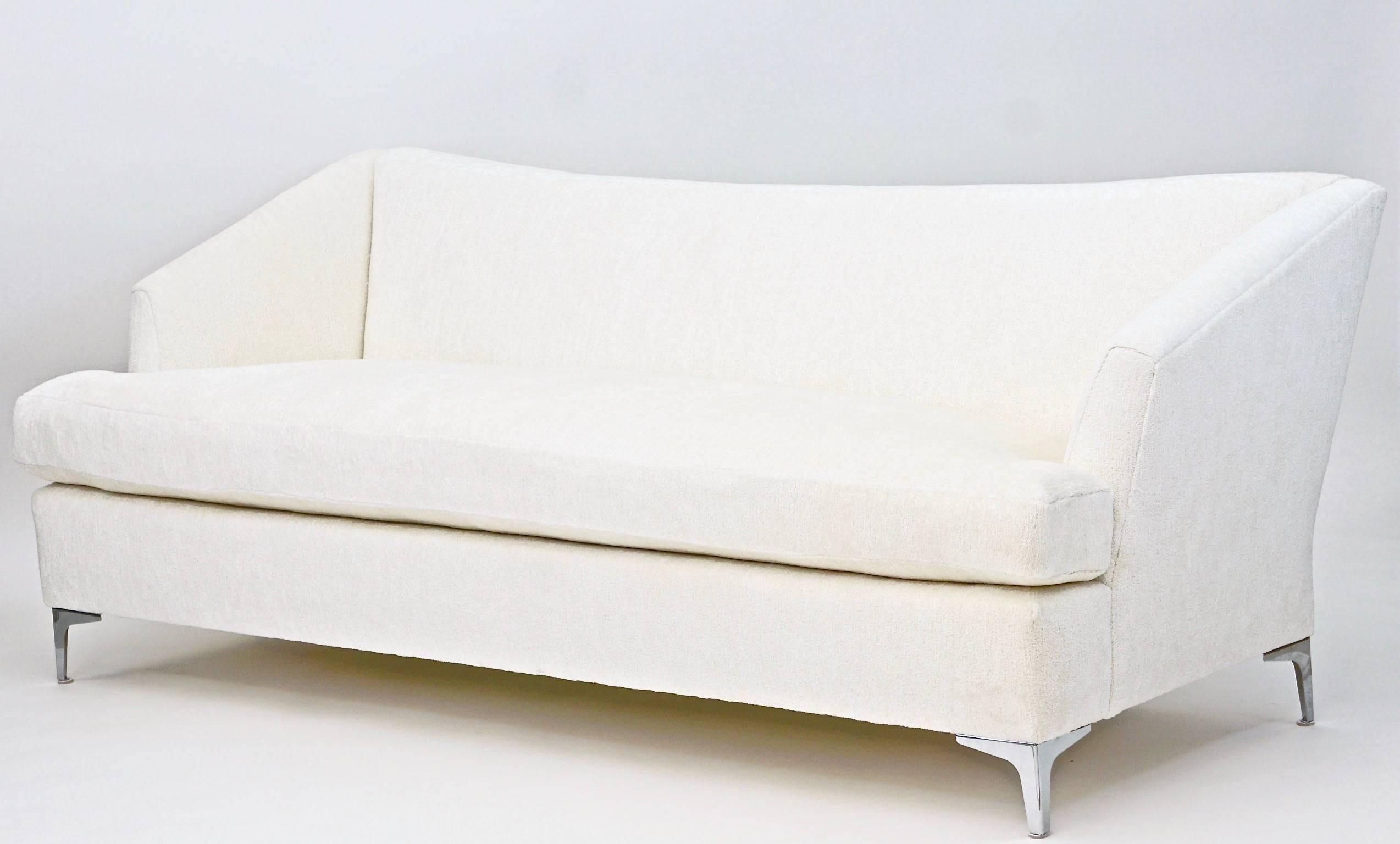 Olson single cushion Sofa (New-Made) is upholstered in Romo Bagheera Moonbeam upholstery fabric. Maple and birch frame with contemporary chrome legs. Creamy white fabric is from Romo (Bagherra Moonbeam) and is sumptuously soft viscose chenille - 46%