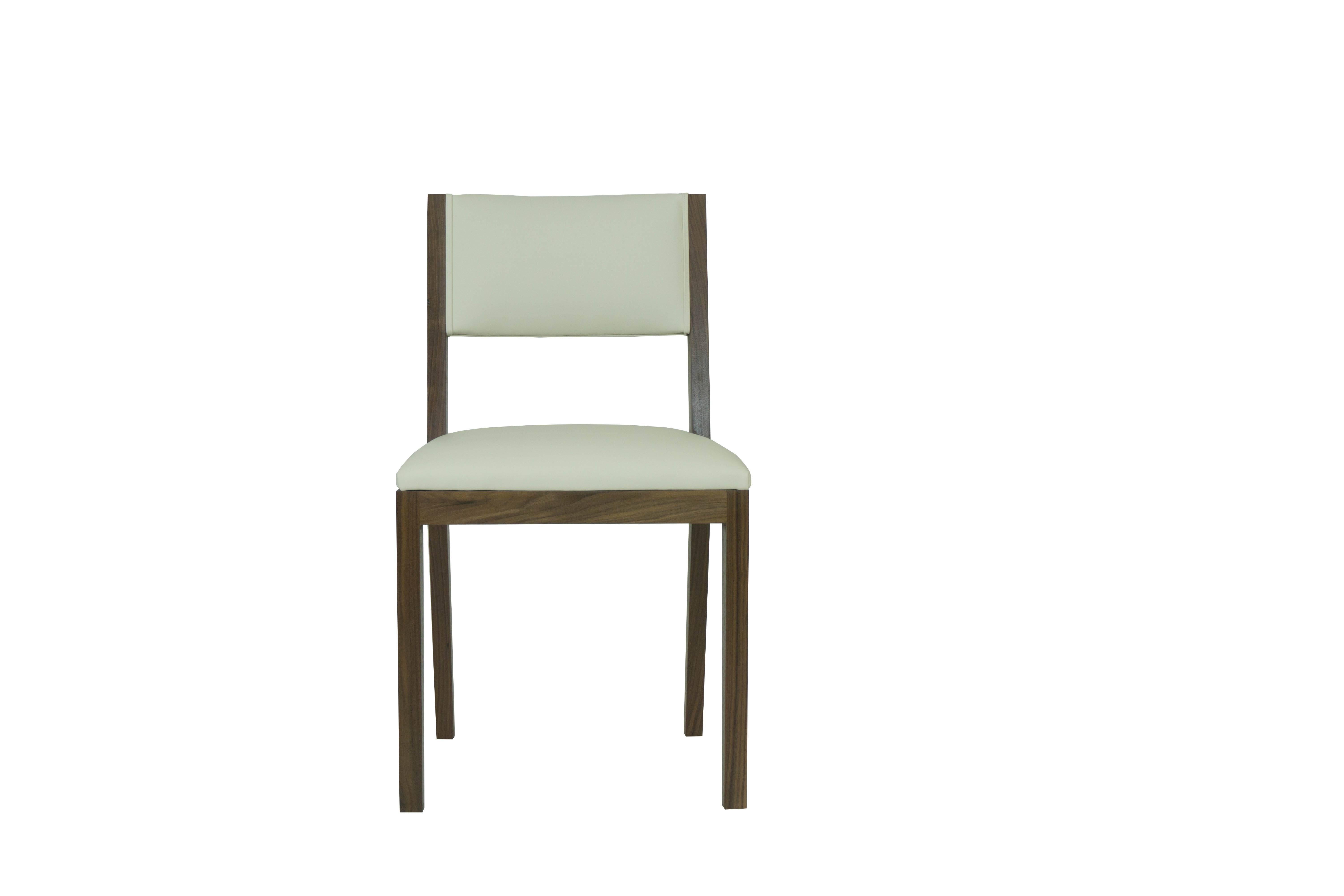 Built to order dining chairs with solid walnut frame with oil finish. High quality leather. Very durable design and materials, great for restaurants, hotels and in homes that host all the holidays. Our best dining chair for durability and our best