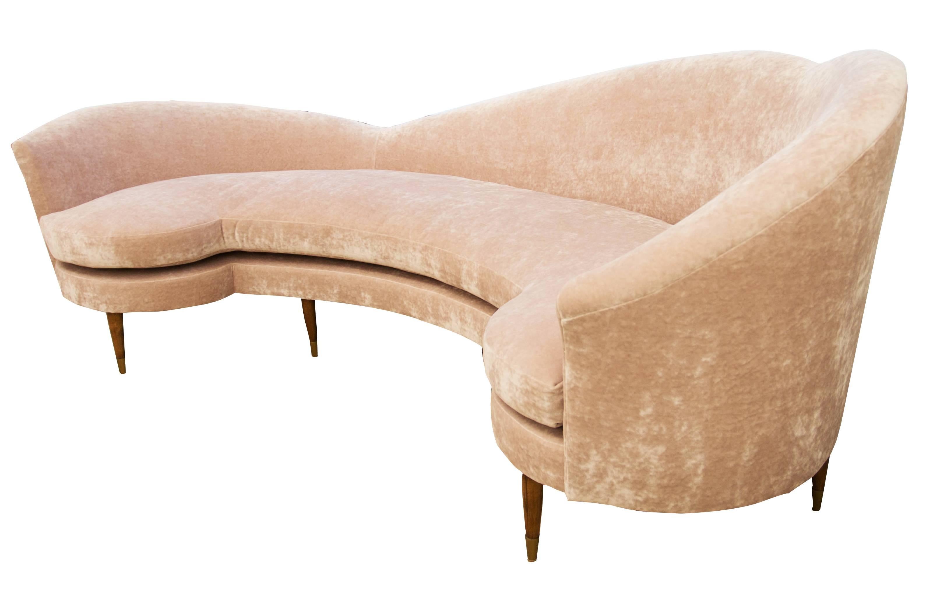 Mid-Century Modern Large Curved Modern Velvet Sofa in Pink Velvet For Sale