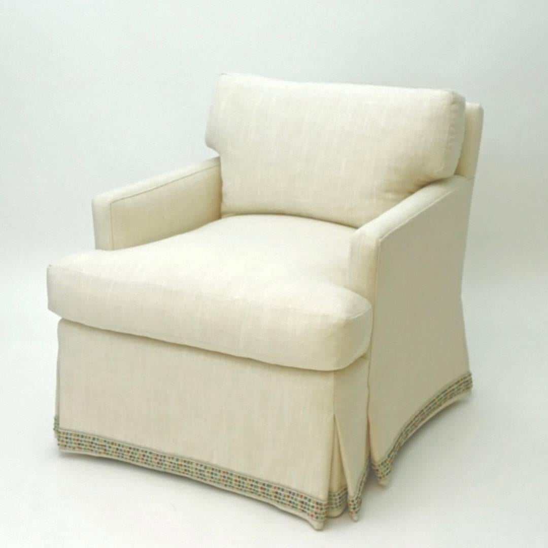 Our Madison chair features a t-cushion and loose pillow back for additional comfort. The chair is framed in maple and birch. 

Price does not include fabric. Fabric shown is for image only.

Overall: 30”W x 35”D x 29”H
Seat Height: 19