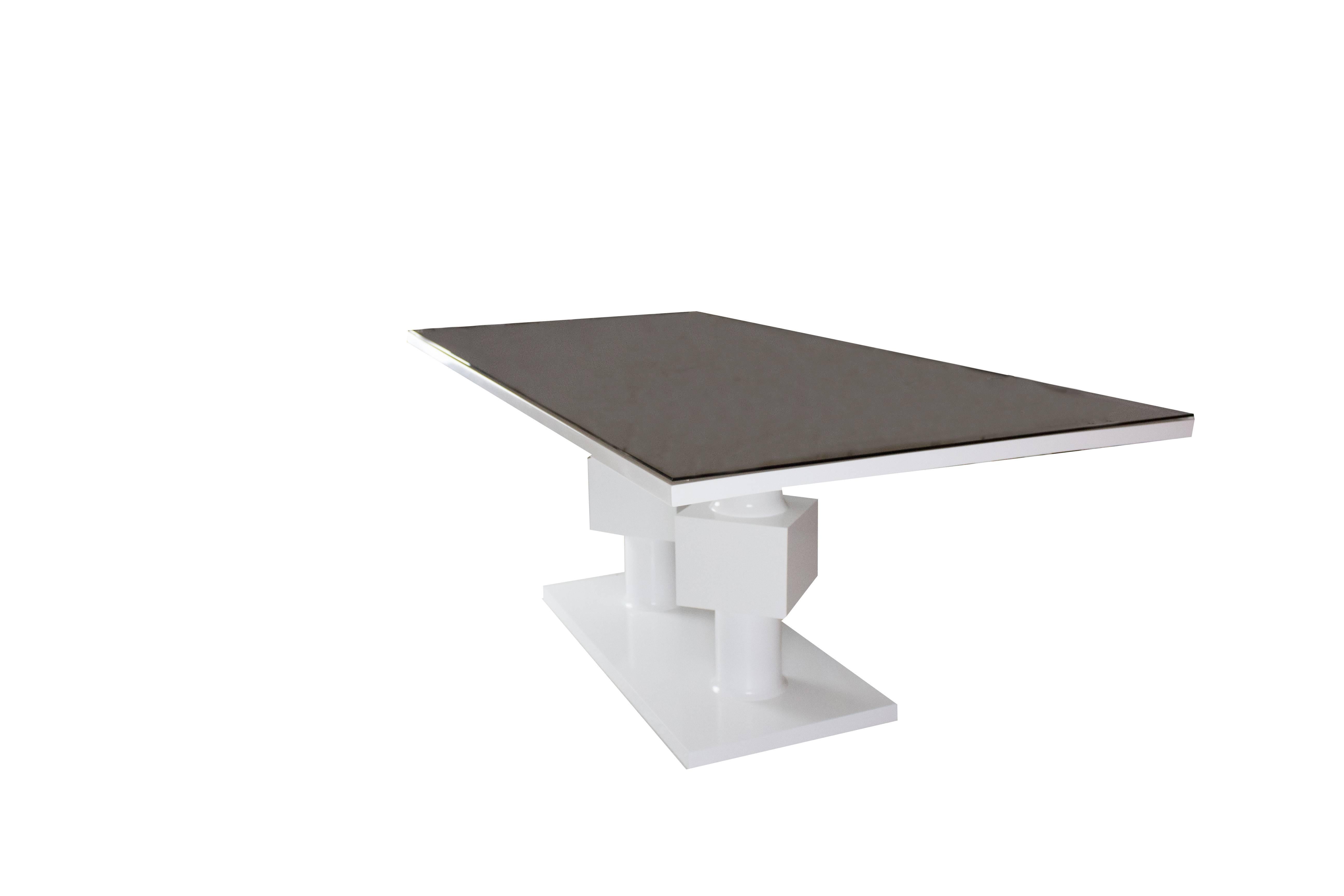 Sit eight people at our Gabietta table. Bronzed glass top and maple wood base lacquered in white. Handmade by us in Norwalk, Connecticut. 

Measurements: 30