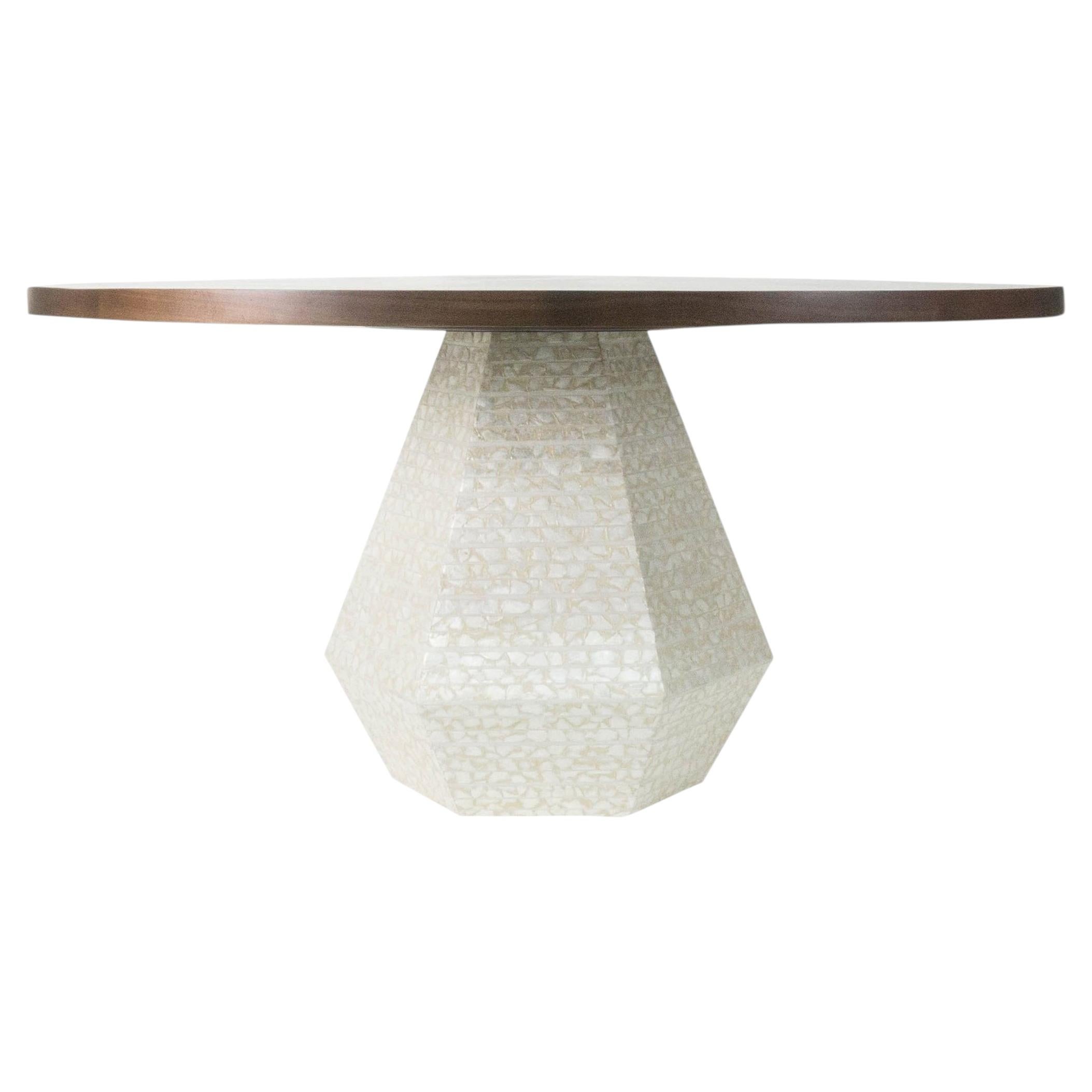Modern Round Dining Table with Walnut Top and Capiz Shell Base, USA For Sale