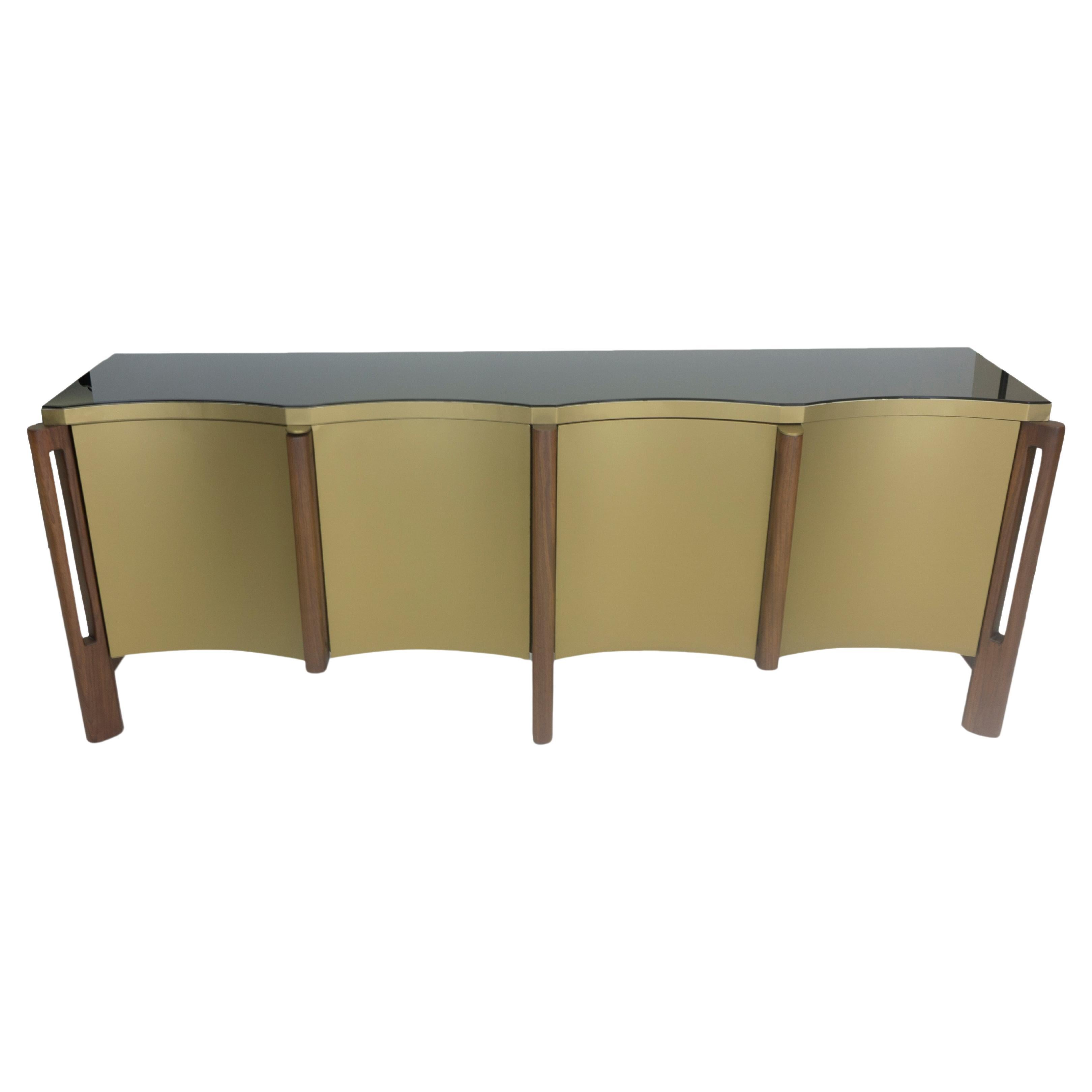 Modern Buffet Table with Glass Top and Scalloped Edge For Sale at