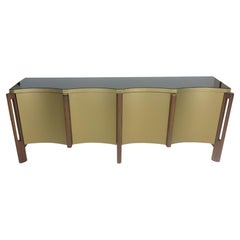 Antique Modern Buffet Table with Glass Top and Scalloped Edge