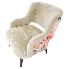 Modern Tight Seat Club Chair in Shearling and Graffiti Print and Lacquer Legs