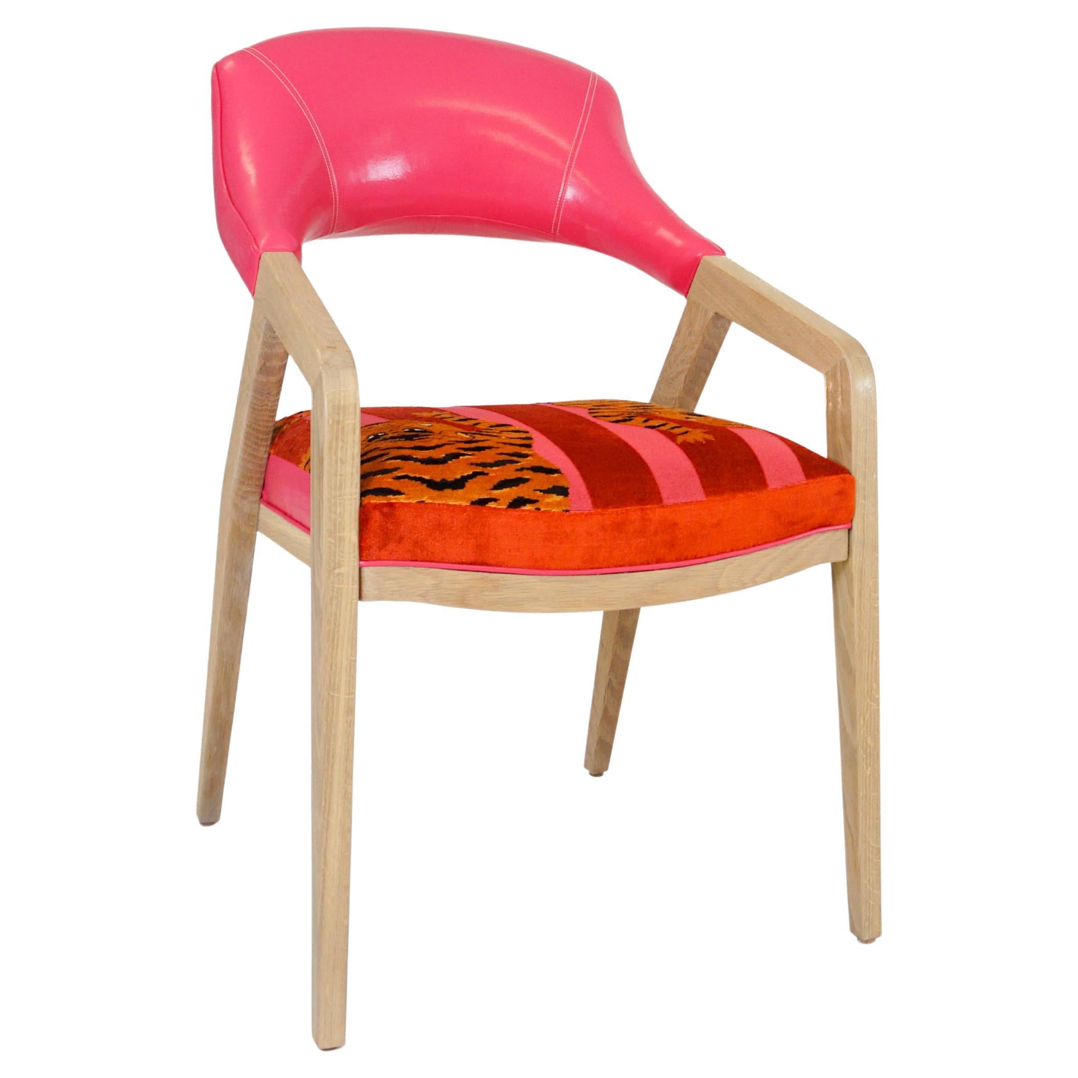 Ultra Modern Upholstered Dining Chair with Pink Vinyl and Tiger Velvet For Sale
