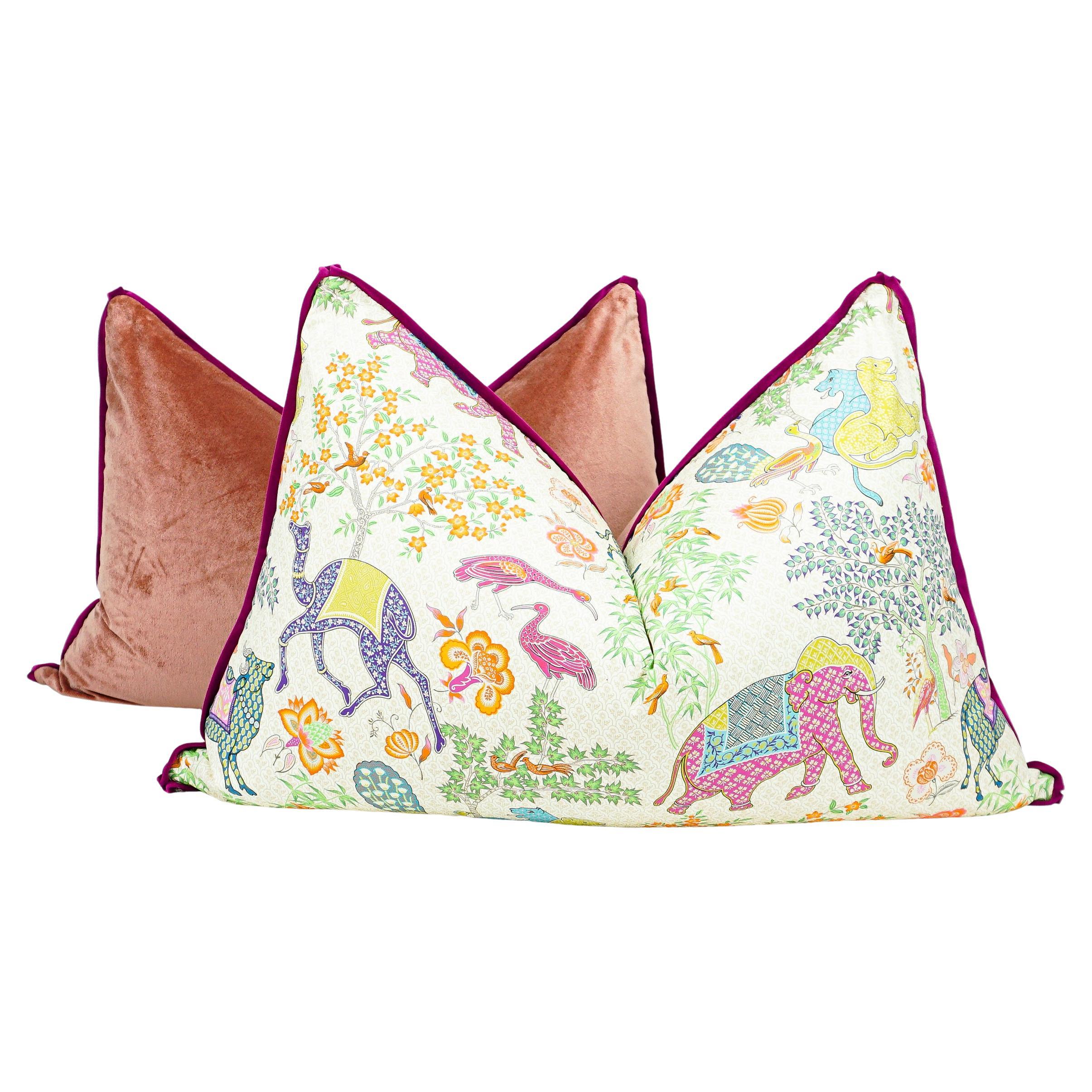 Exotic Playful Oversized Pillow with Elephant Camel Printed Cotton & Pink Velvet For Sale