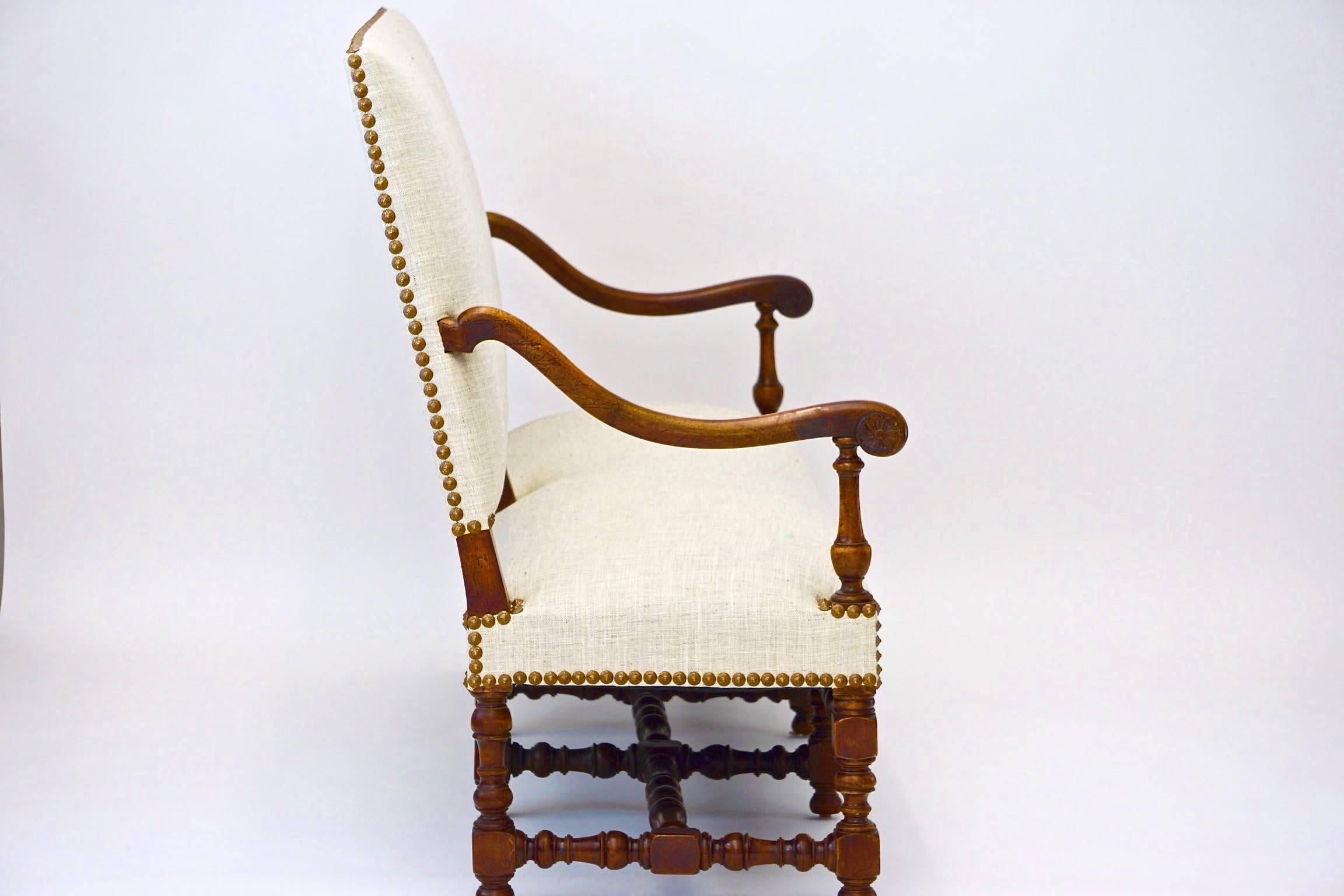 Settee or Hall Bench, Newly upholstered in cross-hatch linen, finished with large nail heads. Walnut turned stretchers, circa 1890.