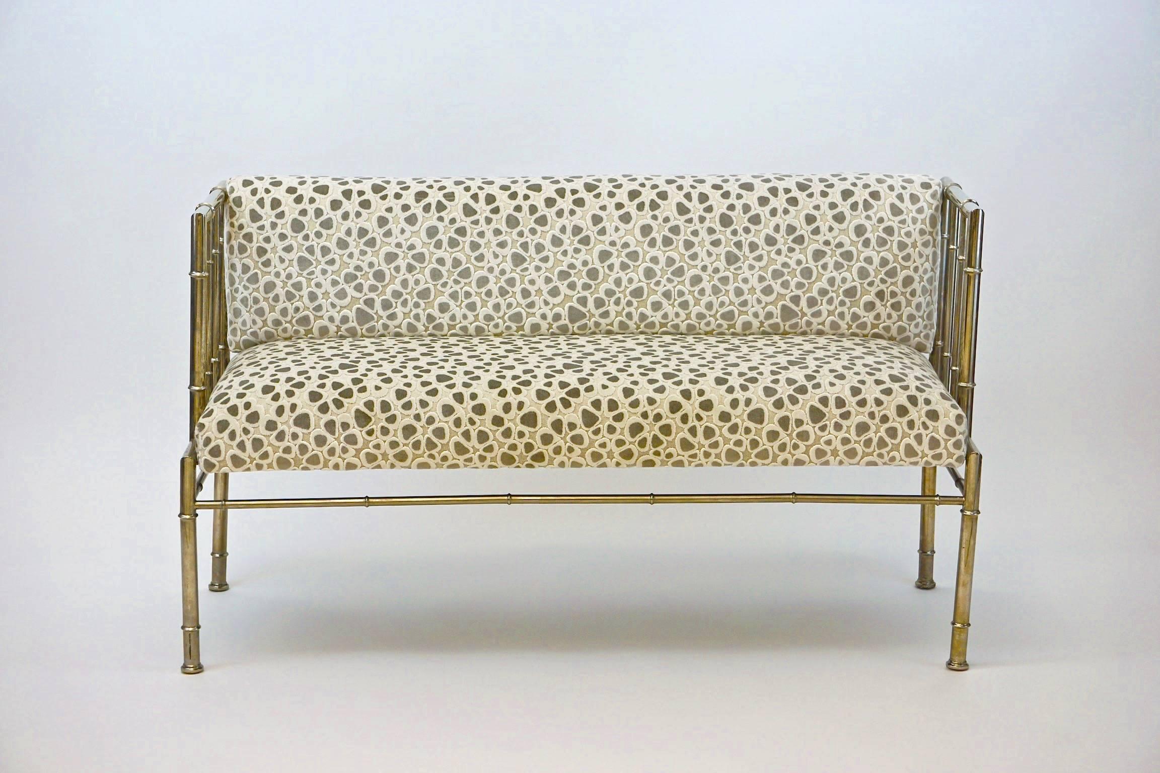 Vintage '70s-Chic Chrome Settee with faux bamboo detailing. Newly upholstered seat and back in Romo textured velvet, gray and crème on taupe.

20% OFF listed prices on all our items Nov. 1-30.