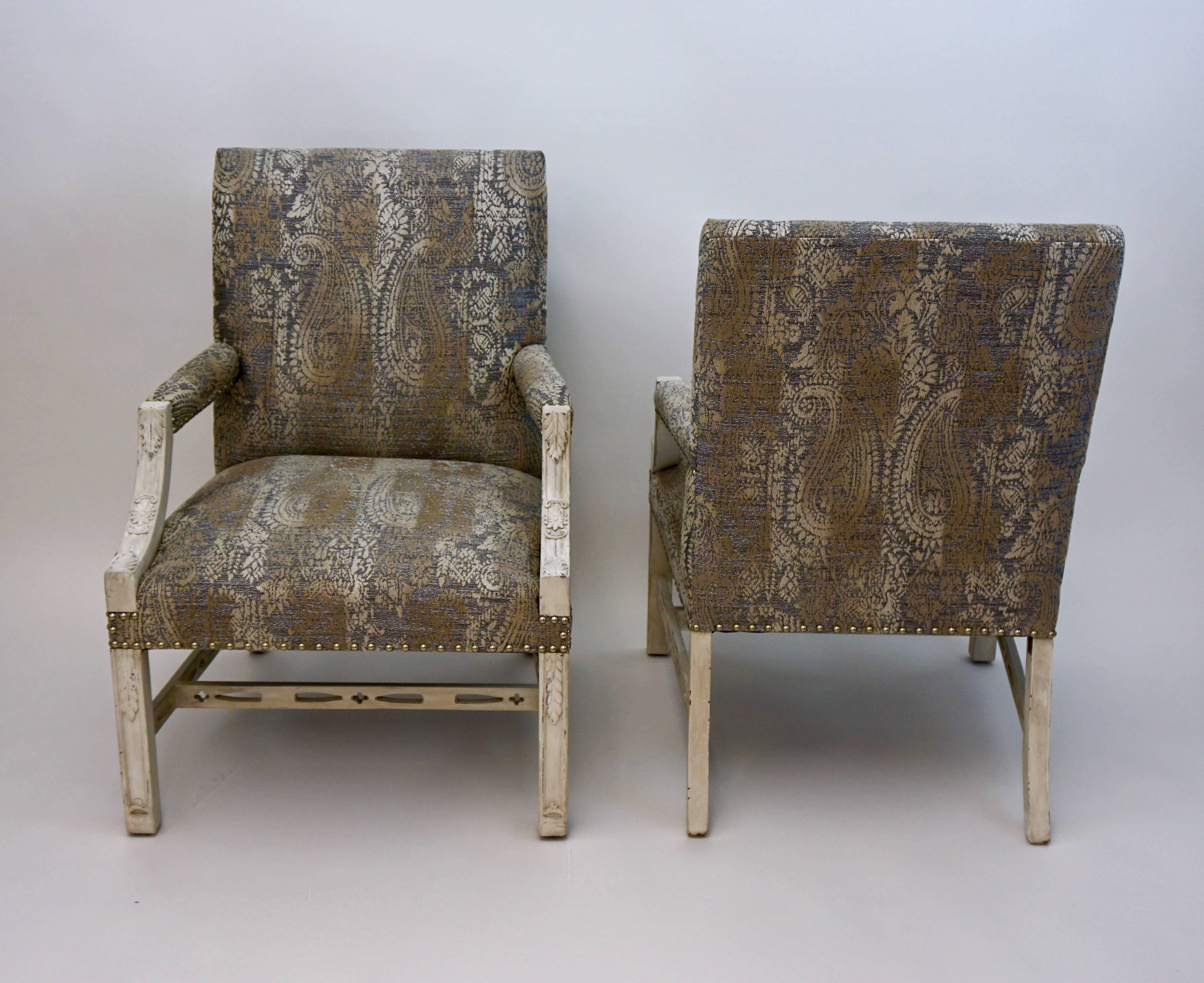 Pair of Vintage Library Chairs from the Carlyle Hotel, newly upholstered in Romo upholstery fabric and refinished in antique white.

