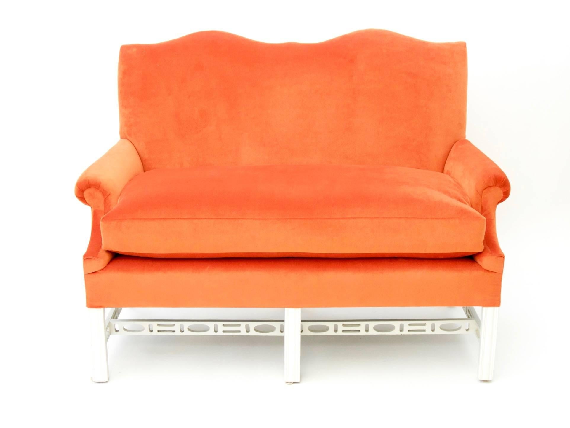 Vintage Settee, Chippendale-style, circa 1900s, newly upholstered in Tangerine Velvet.  Newly painted legs & stretcher. Single "Bench" Cushion interior is a down & feather wrap over foam core (new).

