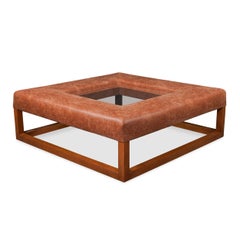 Square Leather Coffee Table with Inset Glass Center, Wood Frame