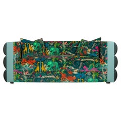 Ribbed Round-Arm Sofa in Jungle Print Velvet, Contrast Piping
