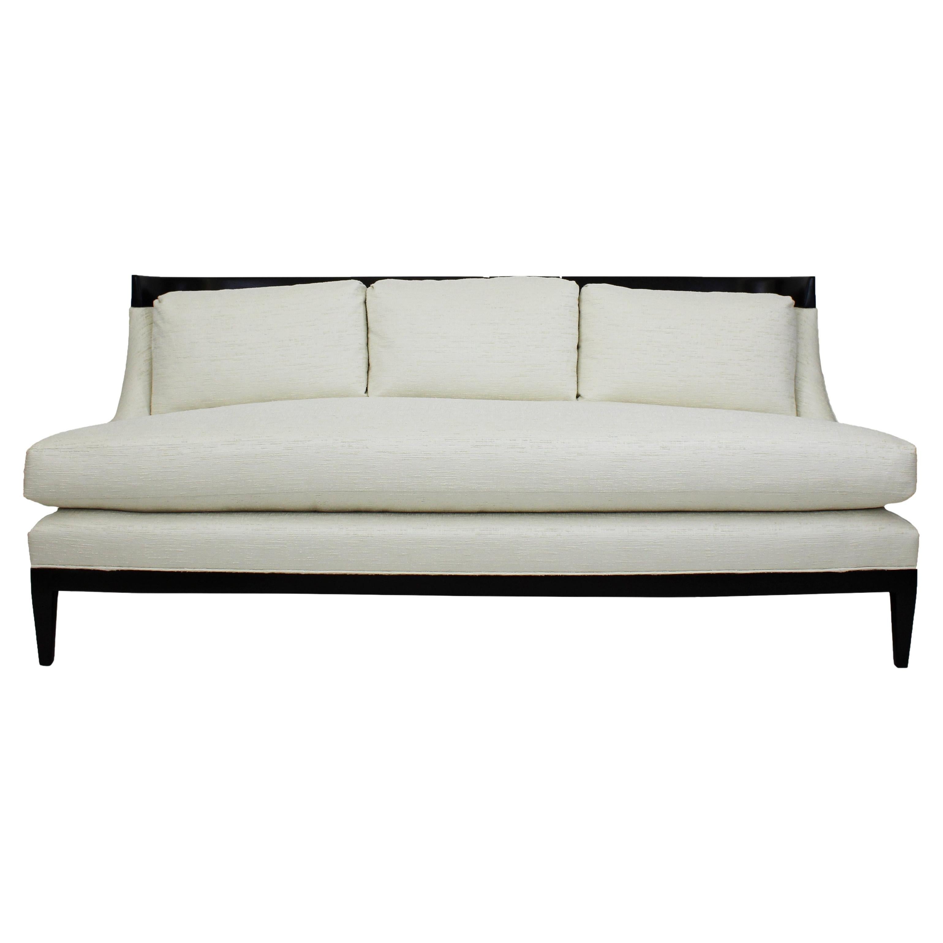 Custom Upholstered Modern Art Deco Sofa with Curved Back and Tapered Wood Legs