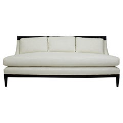 Custom Upholstered Modern Art Deco Sofa with Curved Back and Tapered Wood Legs