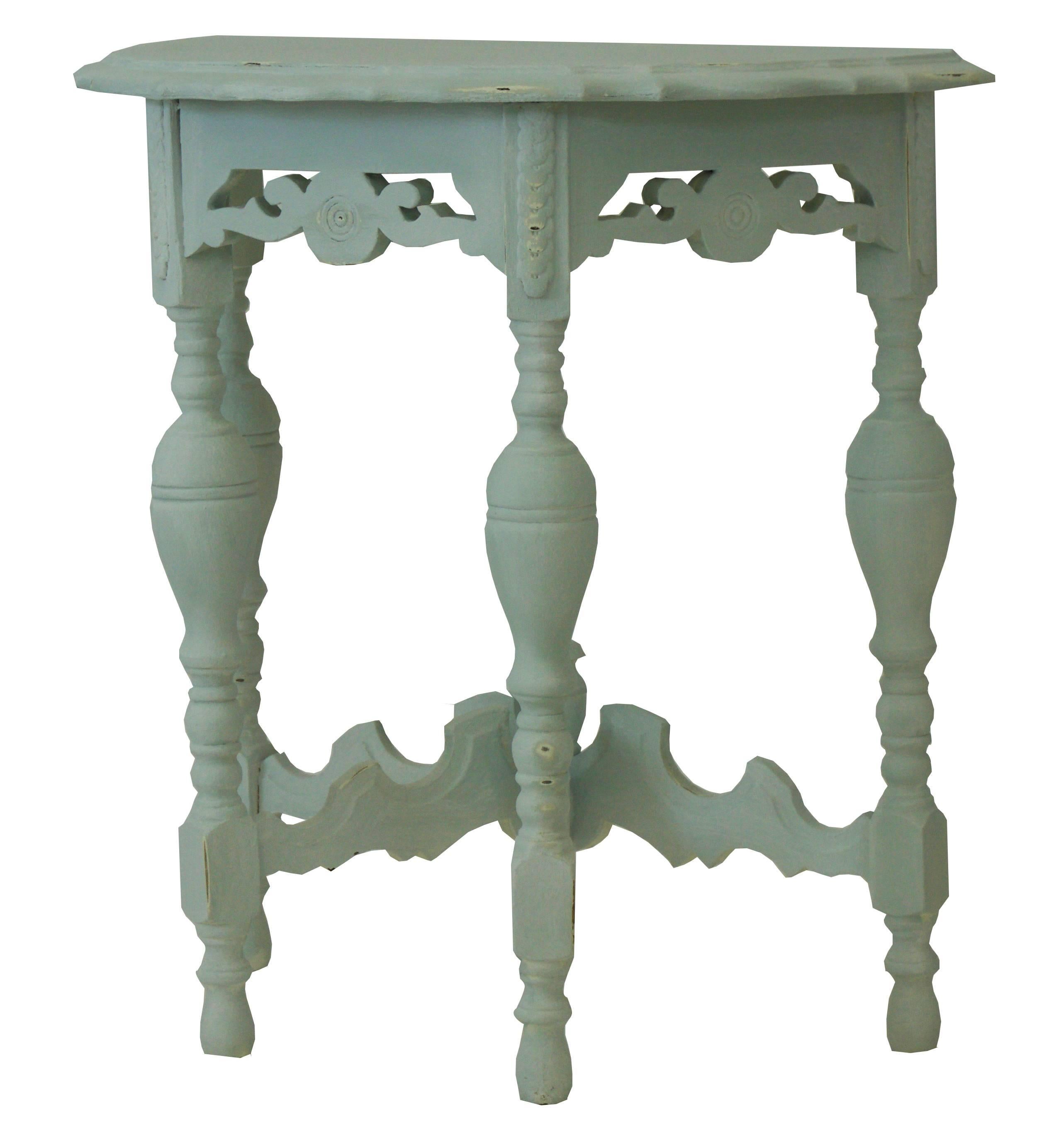 Vintage carved Demilune Table. A great little sized table in a beautiful grey/blue color.