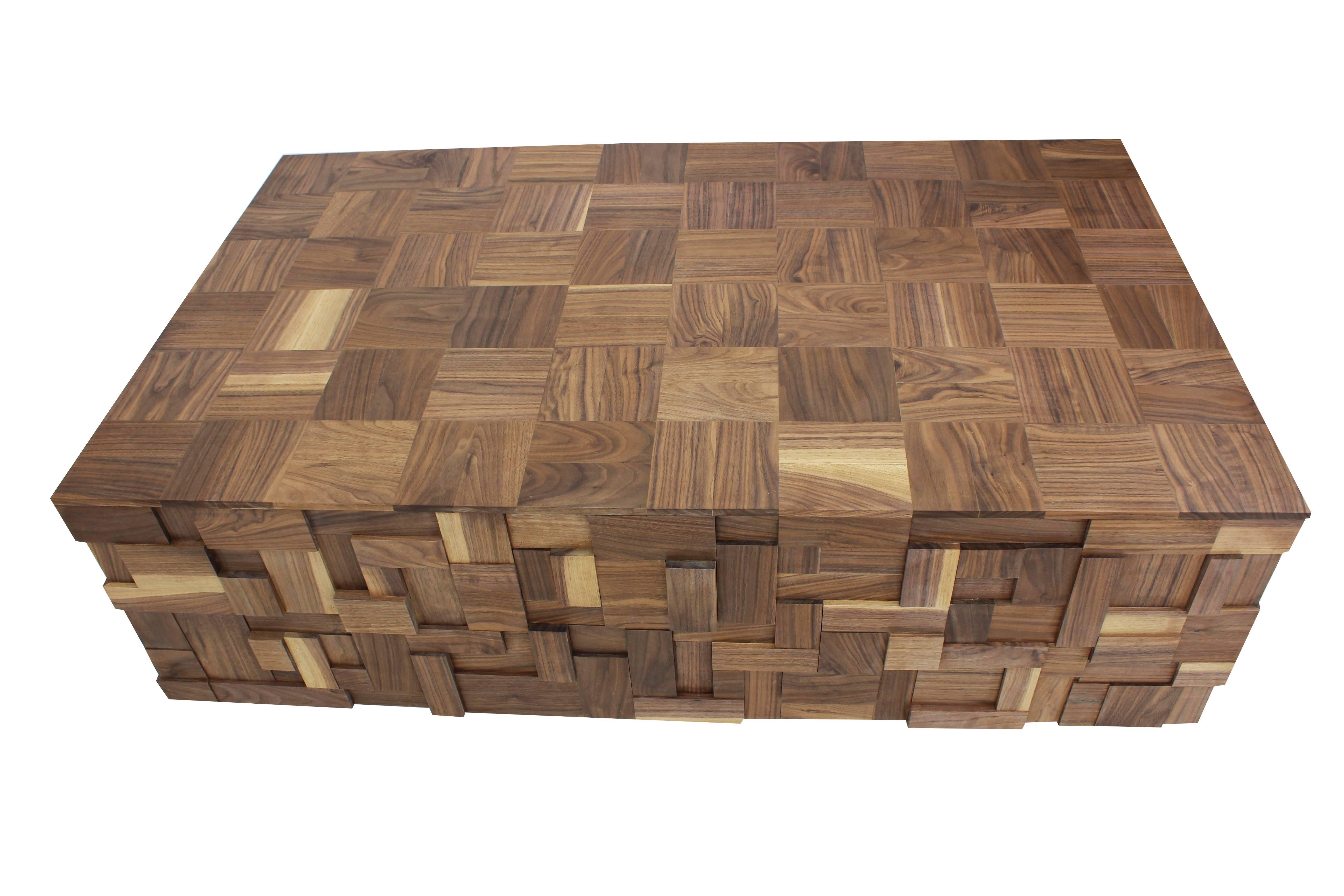 Modern Walnut Coffee Table with Parquet Top and Mosaic Sides For Sale