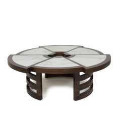 Tavolino moderno con intarsi in noce e marmo