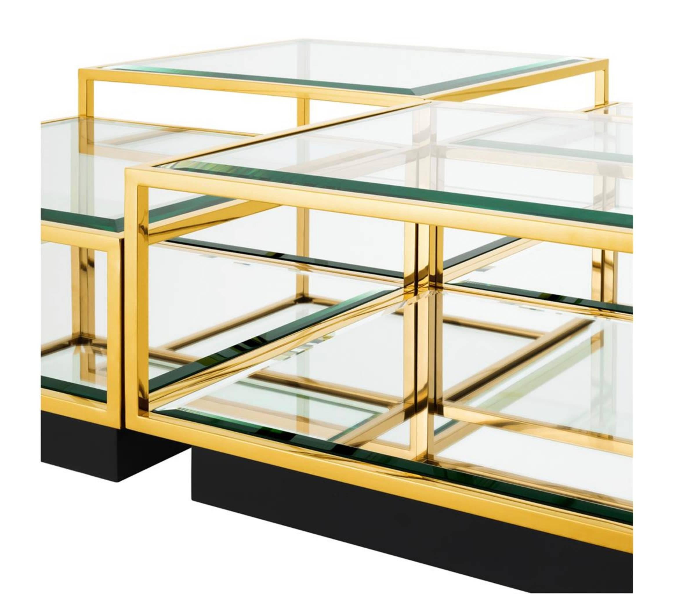 Modern Set of 4 Metal, Glass and Mirrored Glass Coffee Tables in Gold Finish