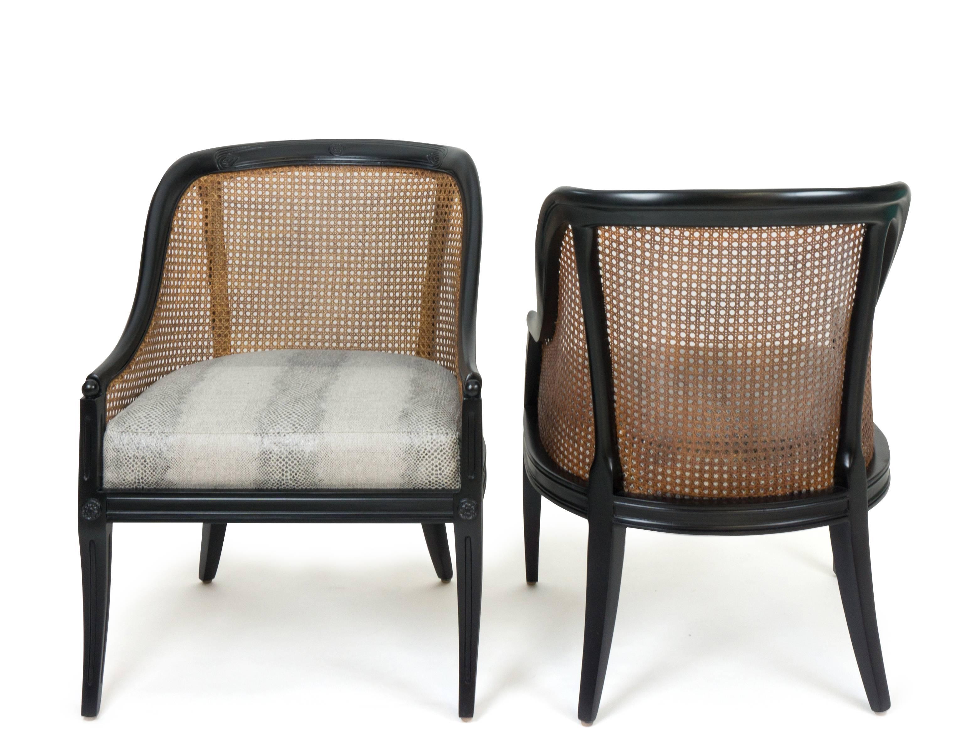 Regency Revival Vintage Regency Caned Black Gondola Chairs with Faux Snakeskin